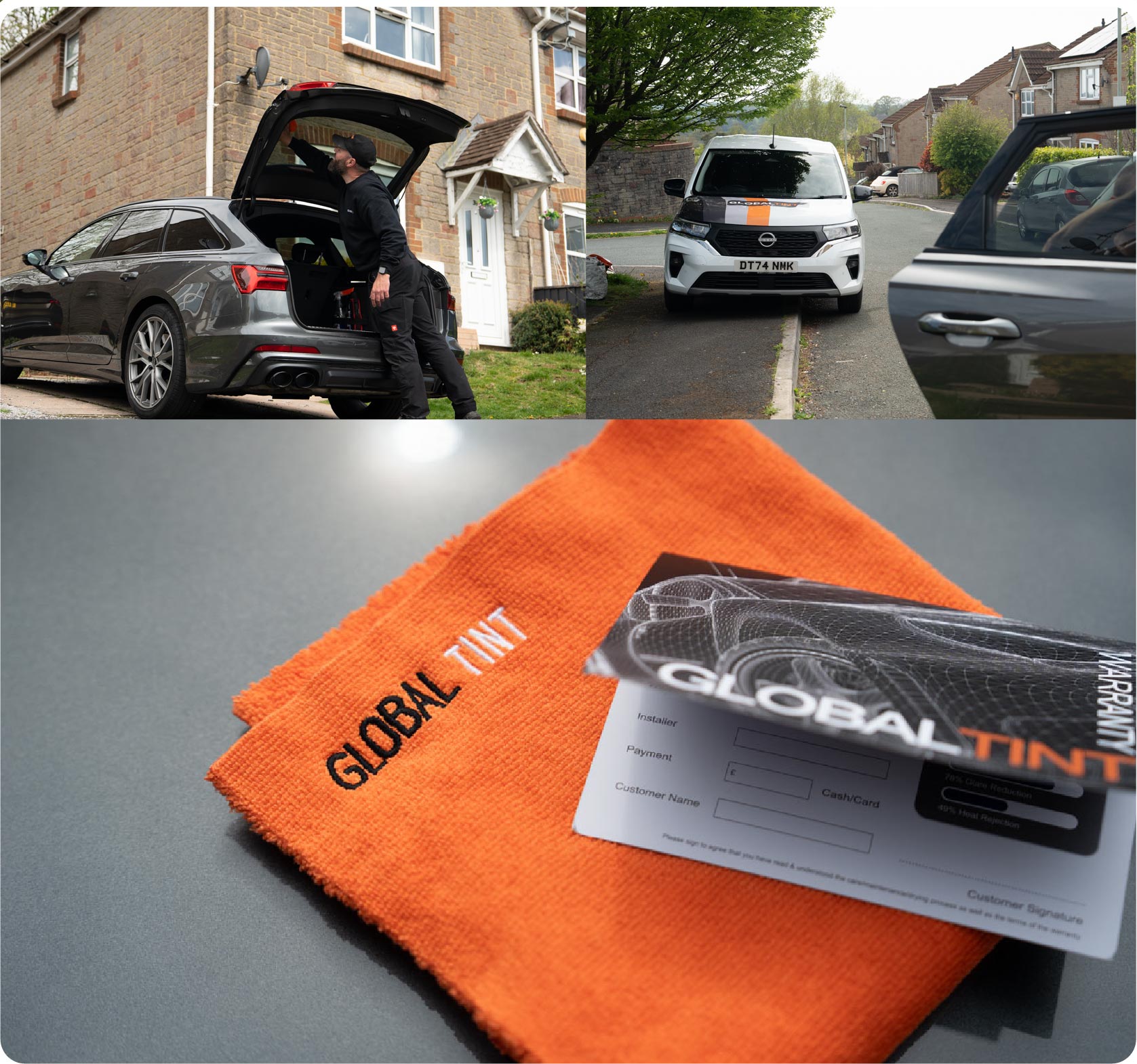 A Global Tint warranty card and cleaning cloth