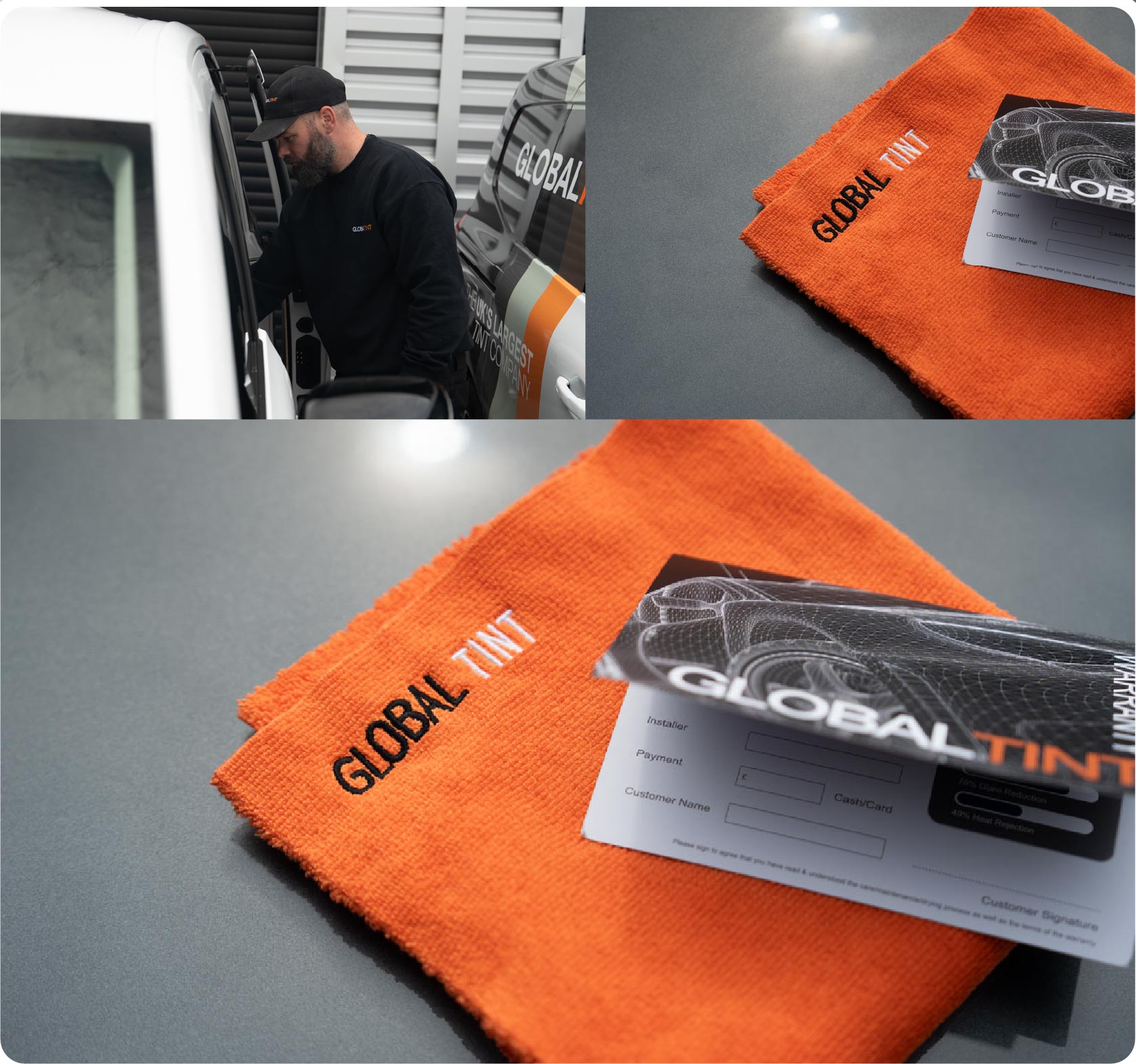 A Global Tint warranty card and cleaning cloth