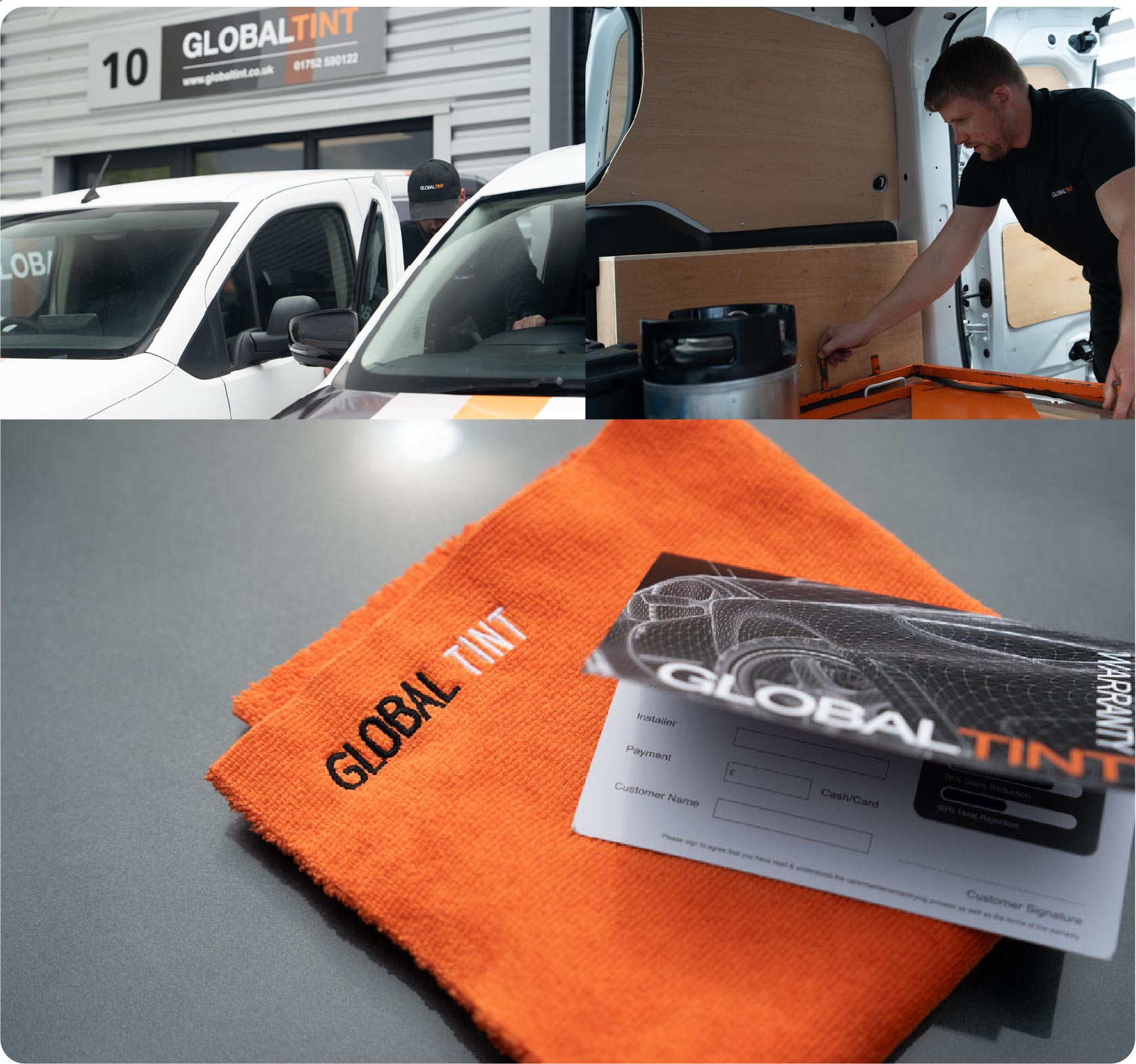 A Global Tint warranty card and cleaning cloth