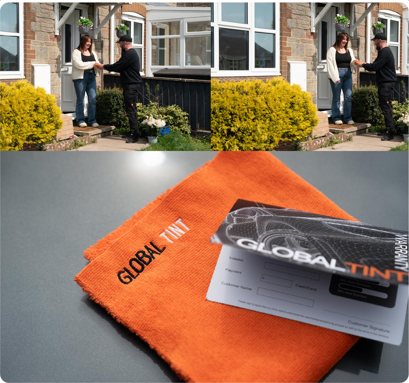 A Global Tint warranty card and cleaning cloth