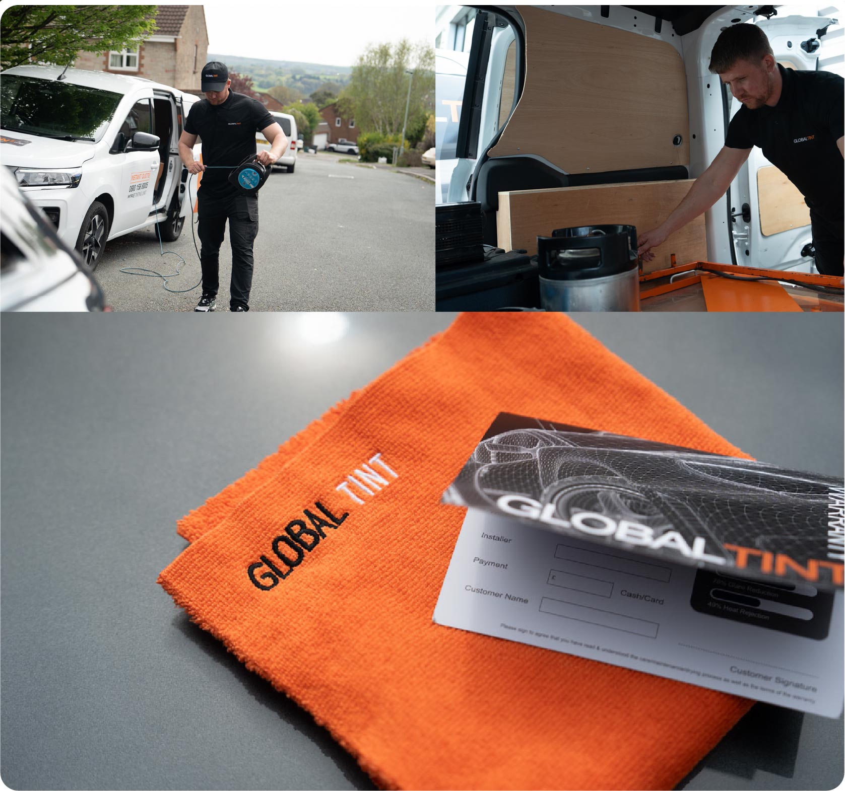 A Global Tint warranty card and cleaning cloth