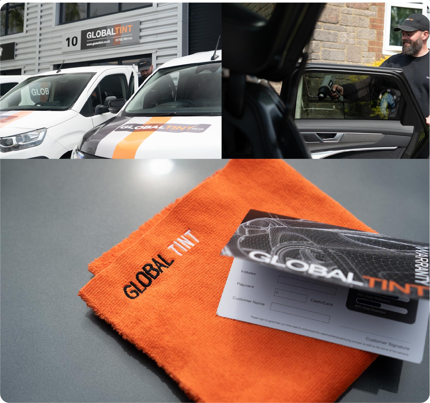 A Global Tint warranty card and cleaning cloth