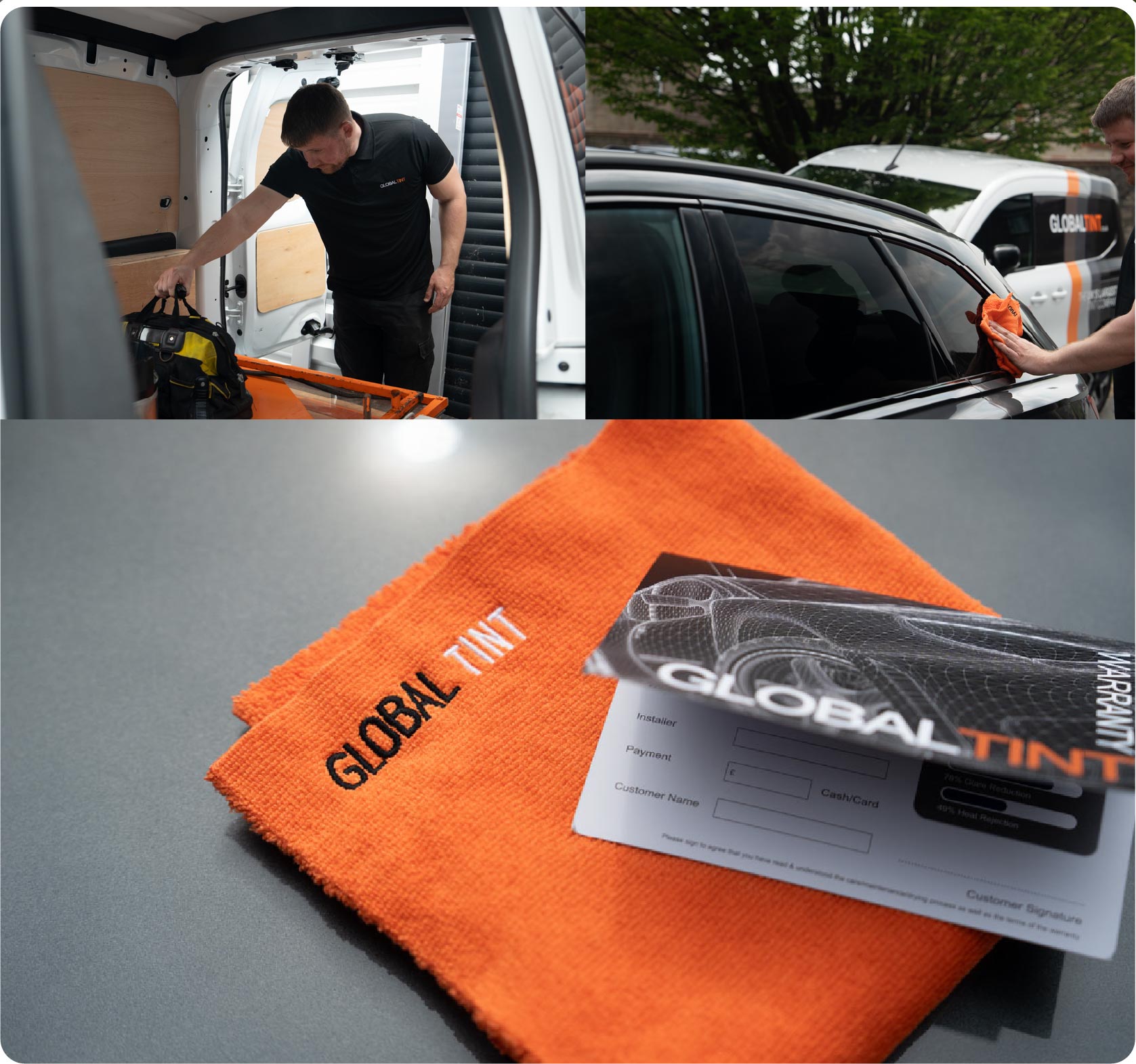 A Global Tint warranty card and cleaning cloth
