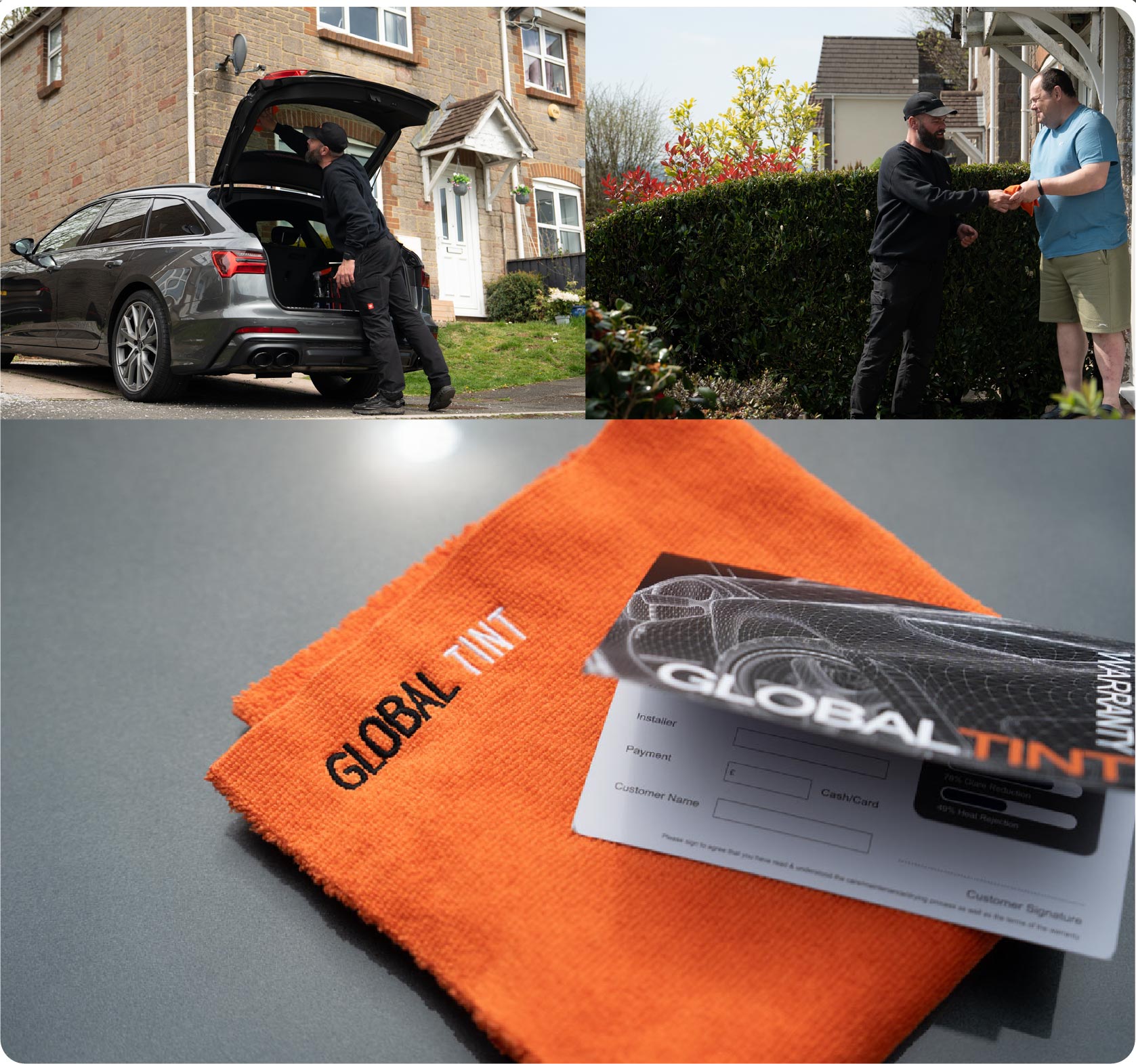 A Global Tint warranty card and cleaning cloth