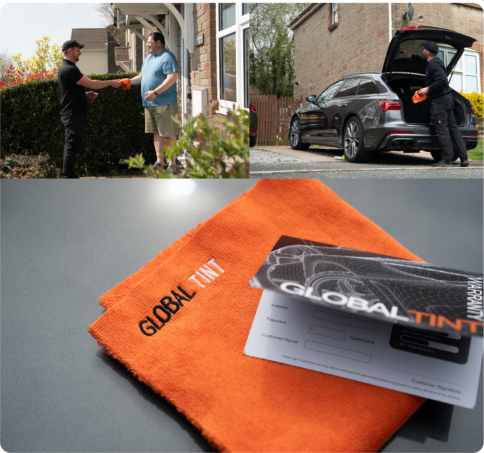 A Global Tint warranty card and cleaning cloth