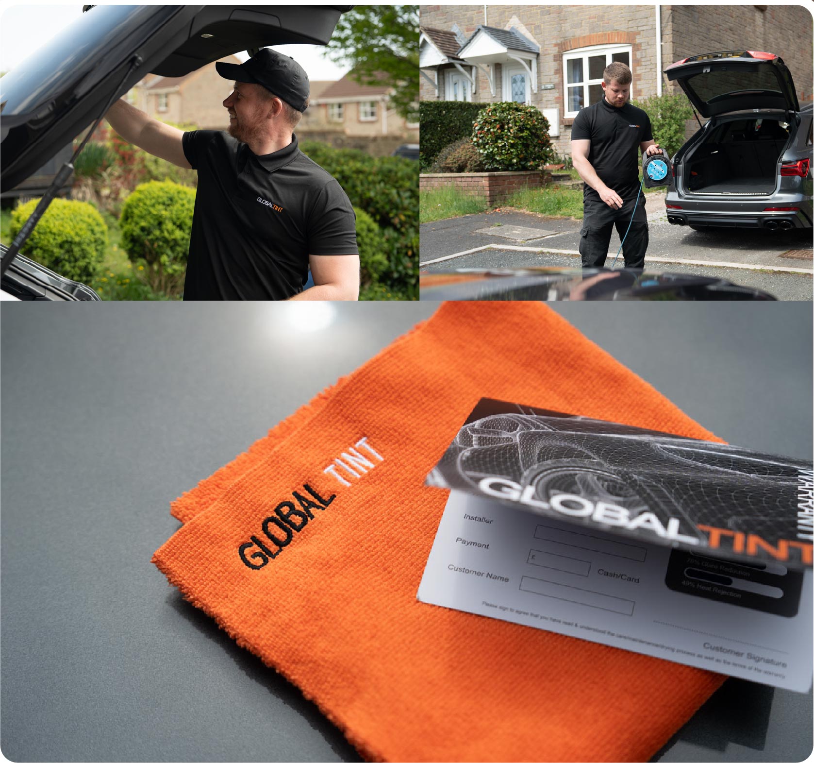 A Global Tint warranty card and cleaning cloth