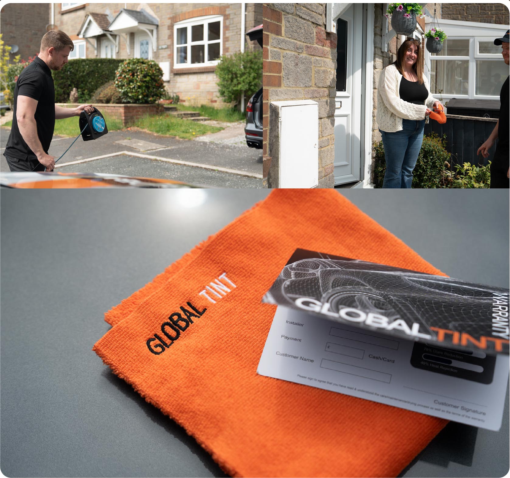 A Global Tint warranty card and cleaning cloth