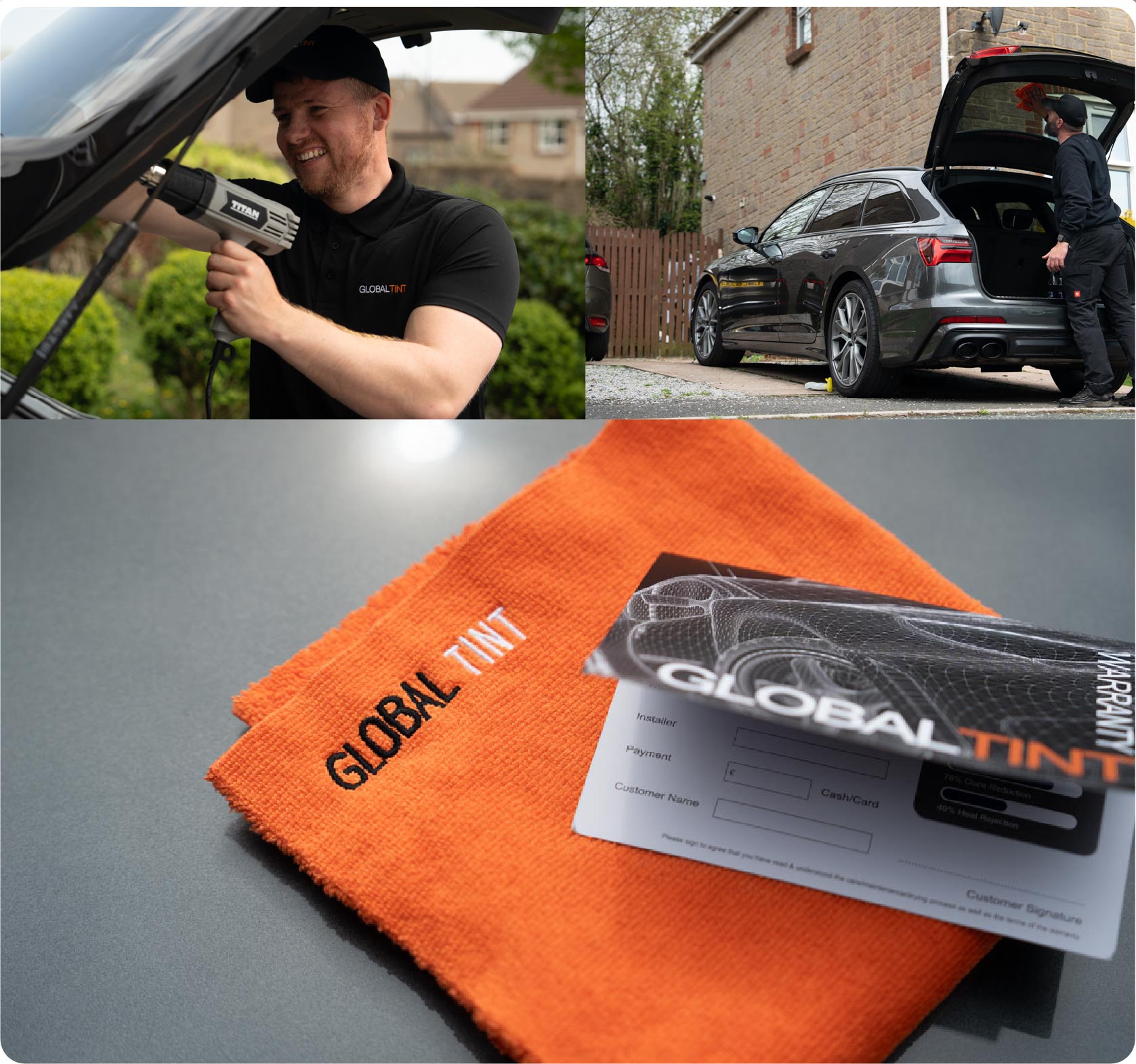 A Global Tint warranty card and cleaning cloth