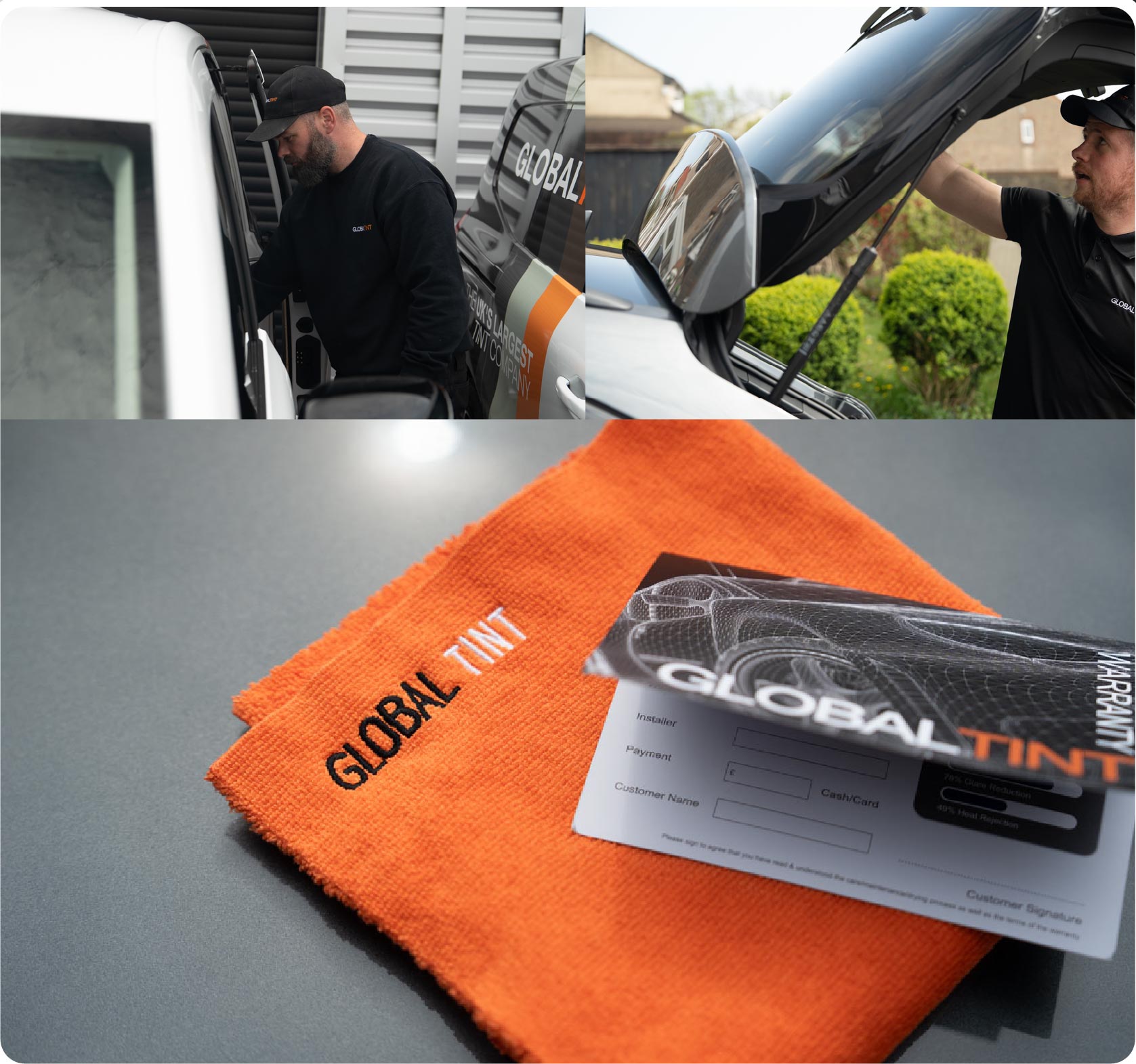 A Global Tint warranty card and cleaning cloth