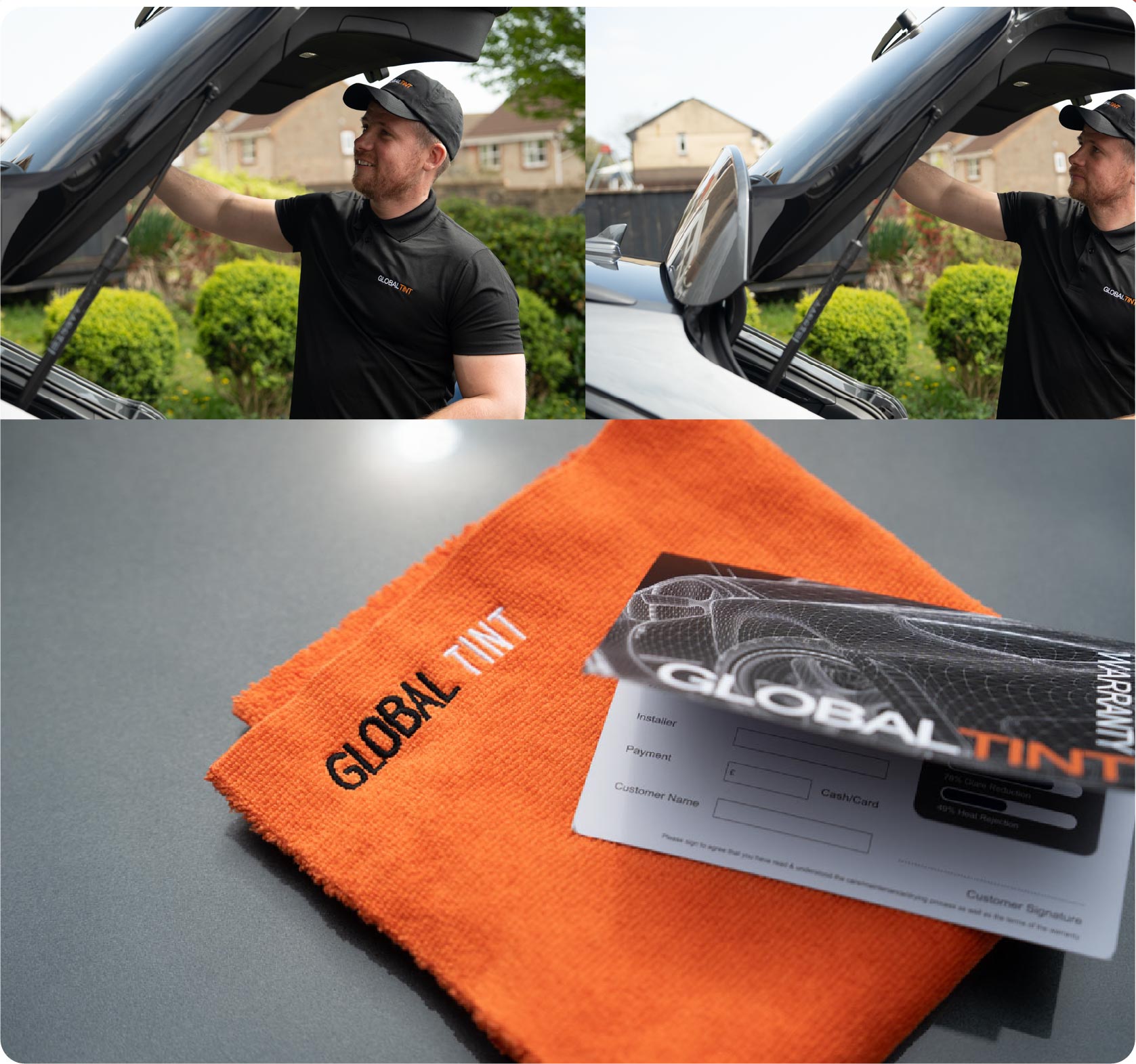 A Global Tint warranty card and cleaning cloth
