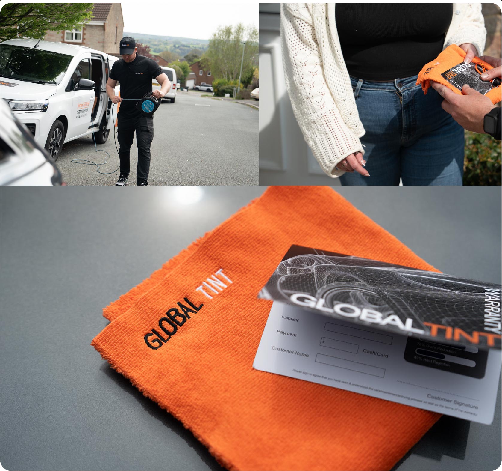A Global Tint warranty card and cleaning cloth