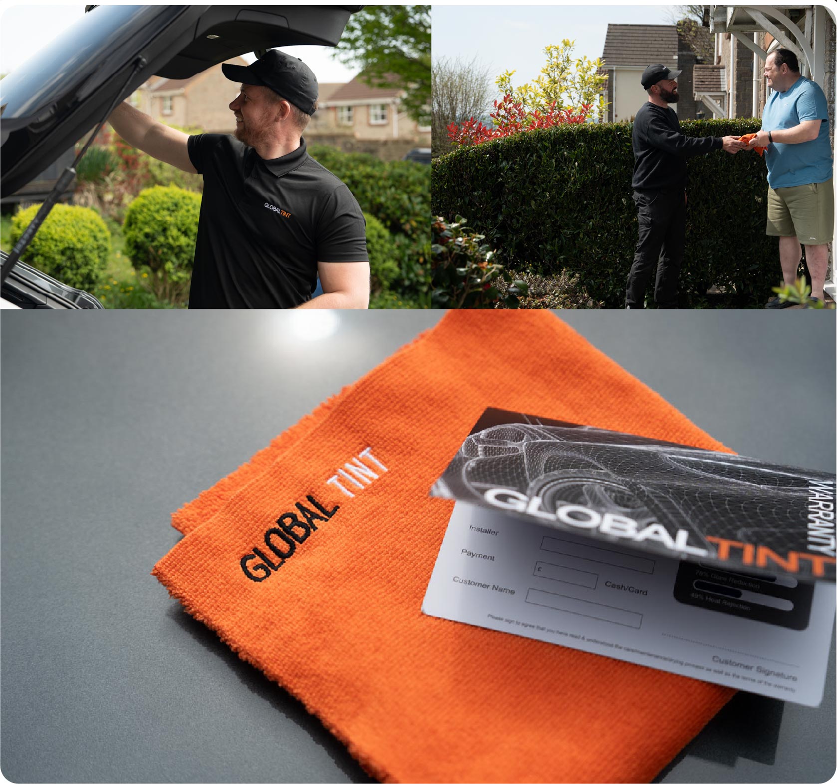 A Global Tint warranty card and cleaning cloth