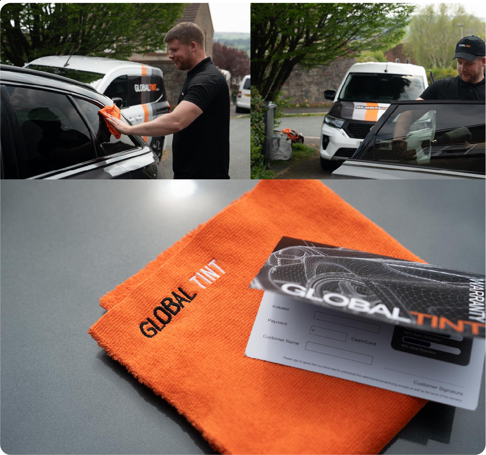 A Global Tint warranty card and cleaning cloth
