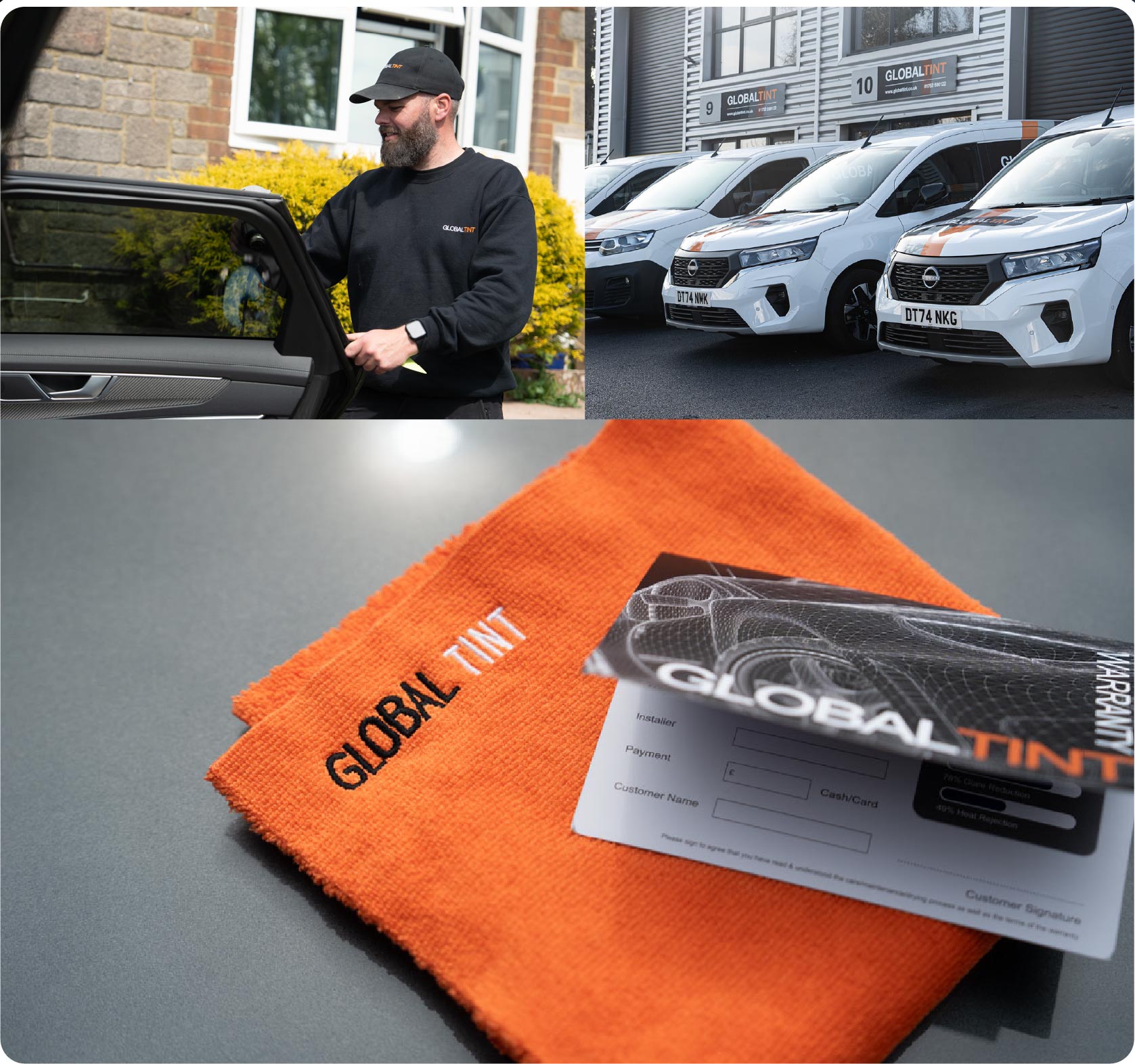 A Global Tint warranty card and cleaning cloth