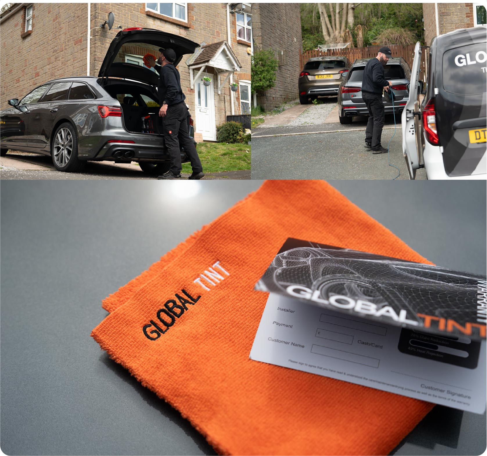 A Global Tint warranty card and cleaning cloth