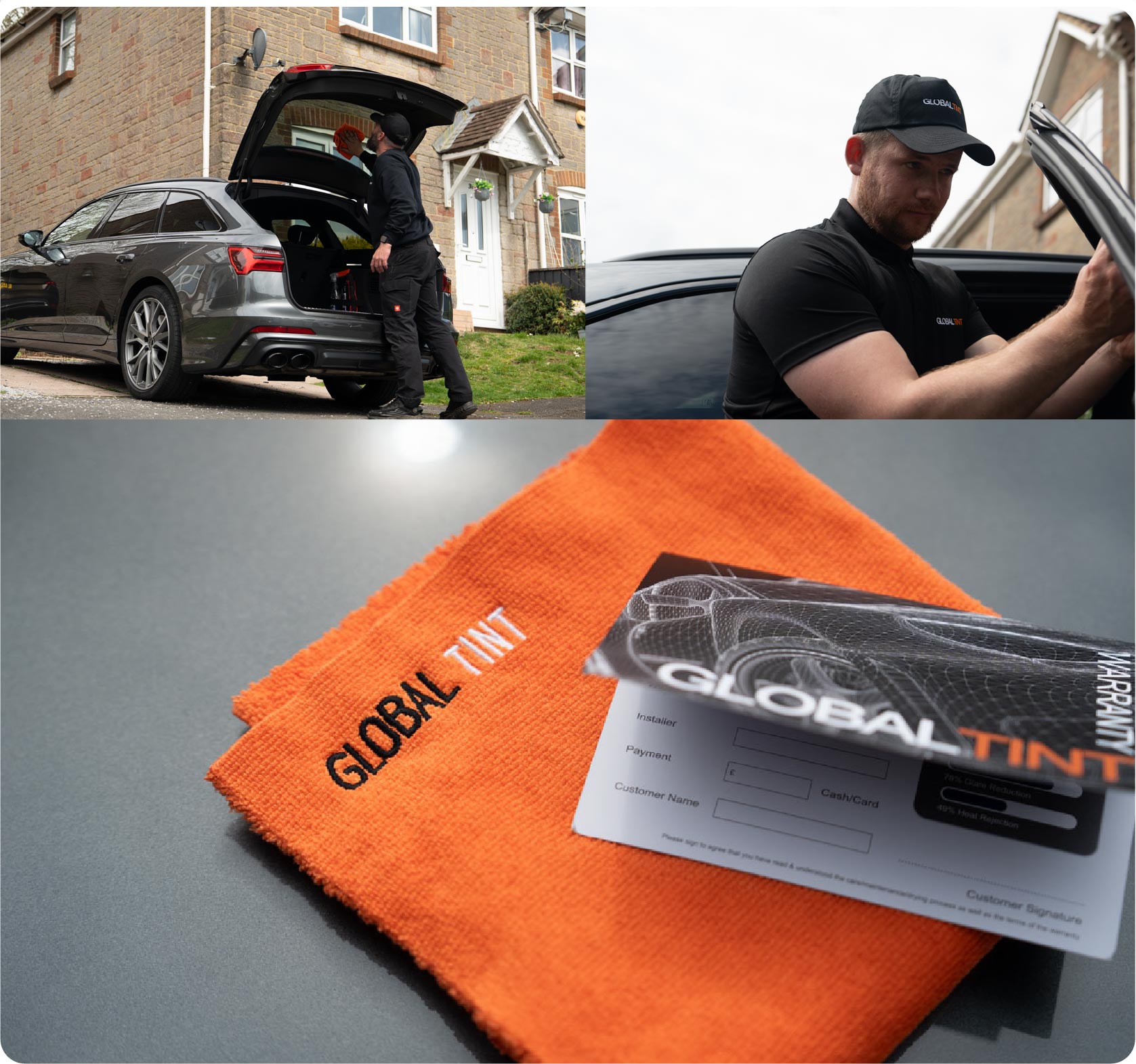 A Global Tint warranty card and cleaning cloth