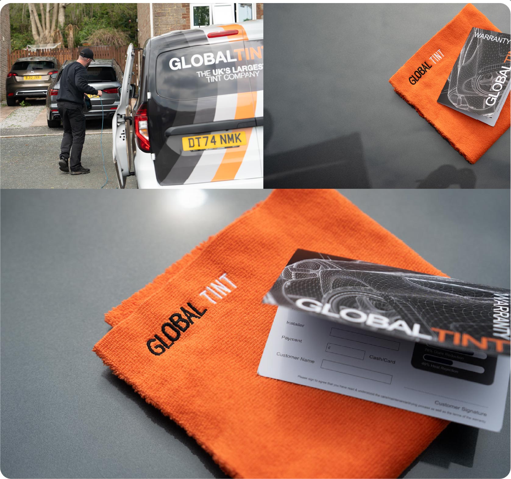 A Global Tint warranty card and cleaning cloth
