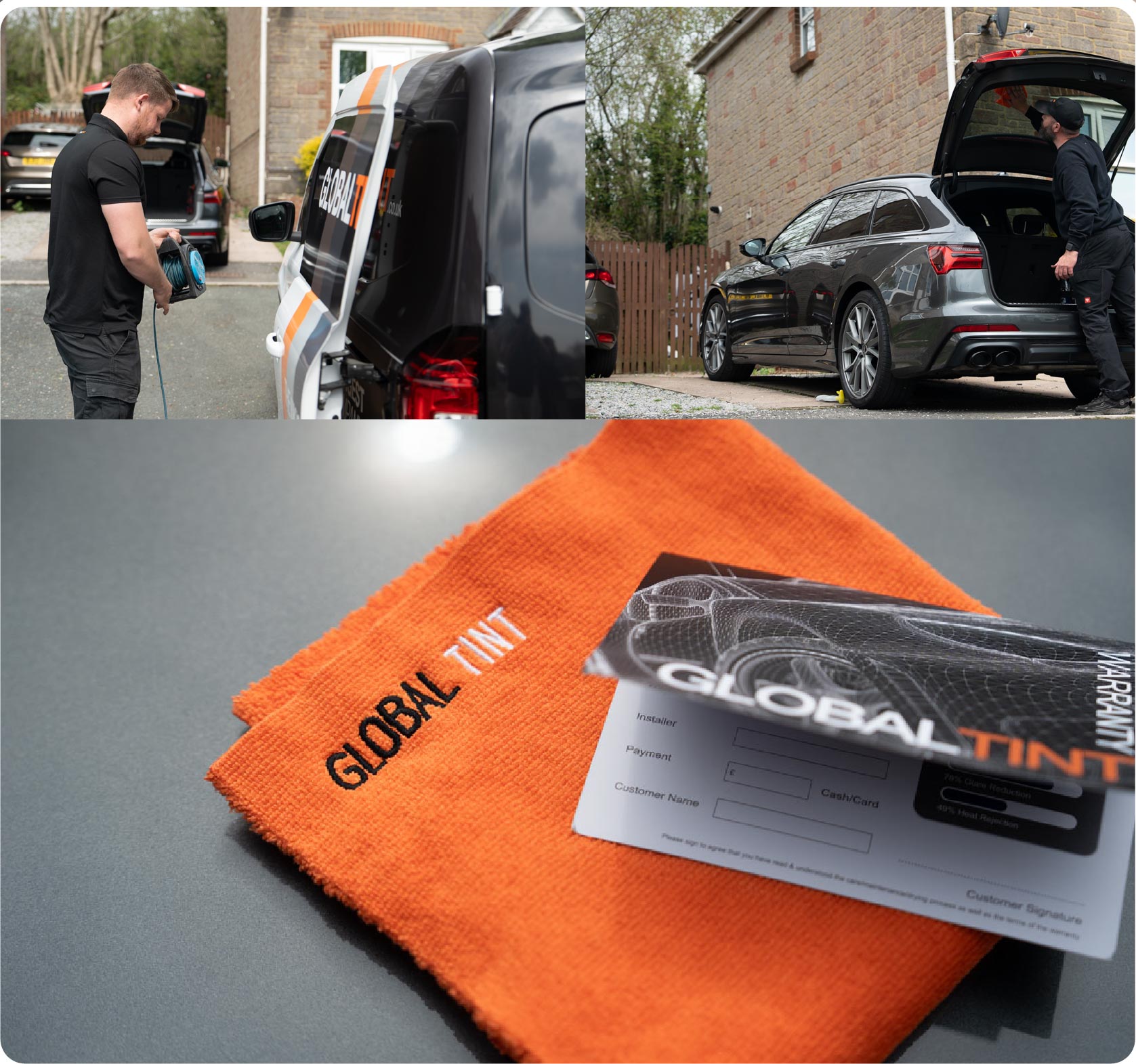 A Global Tint warranty card and cleaning cloth