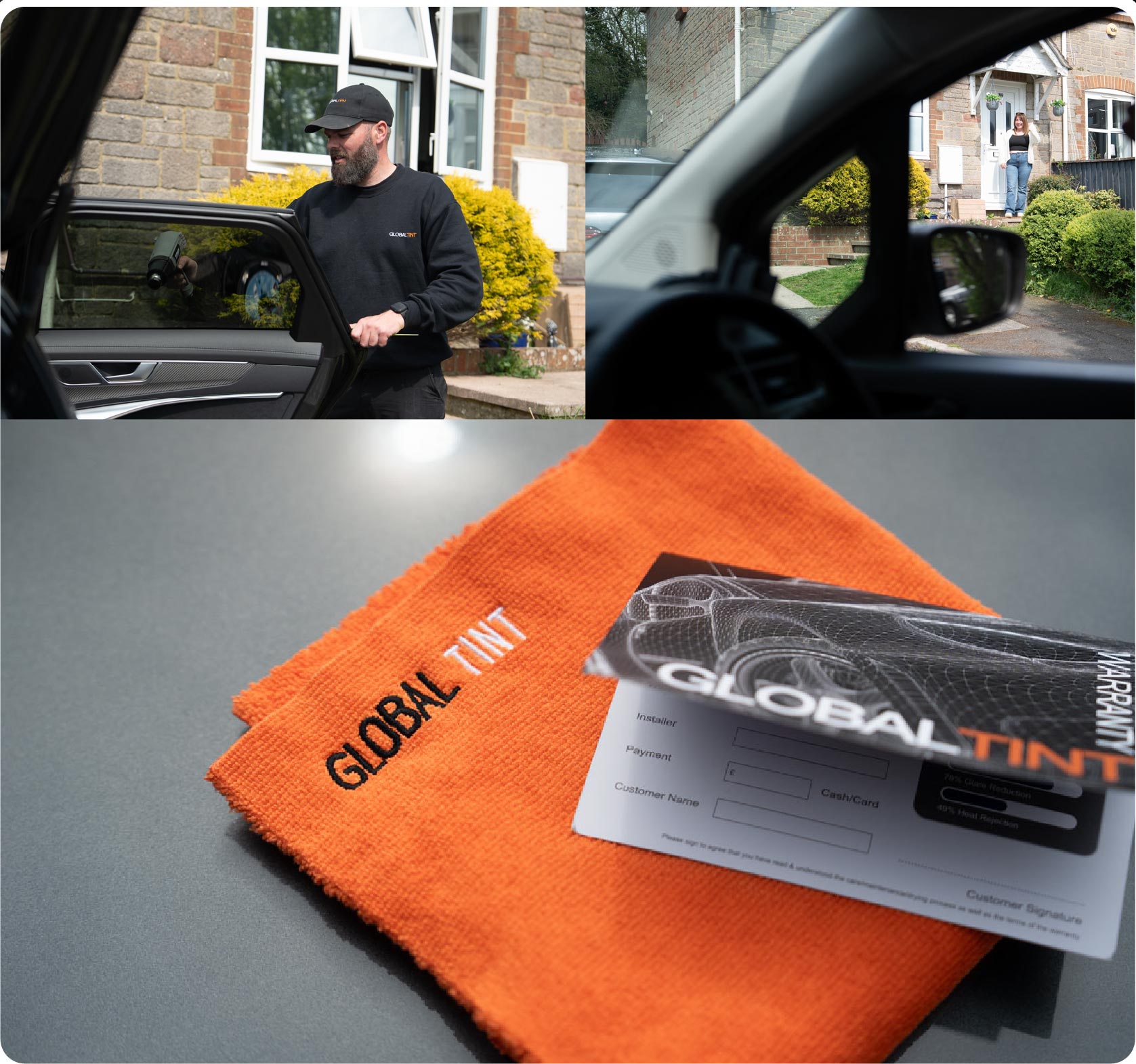 A Global Tint warranty card and cleaning cloth