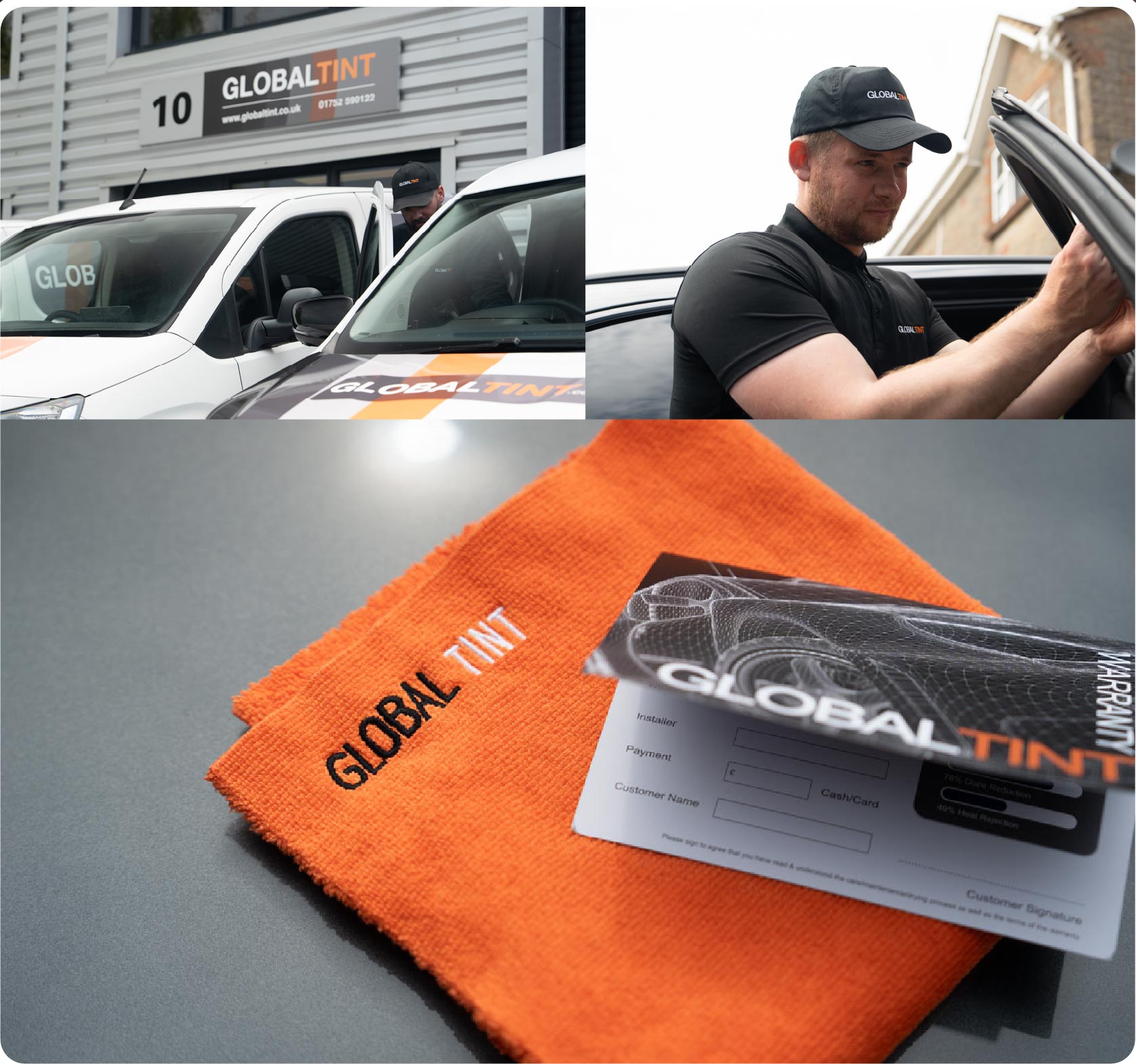 A Global Tint warranty card and cleaning cloth