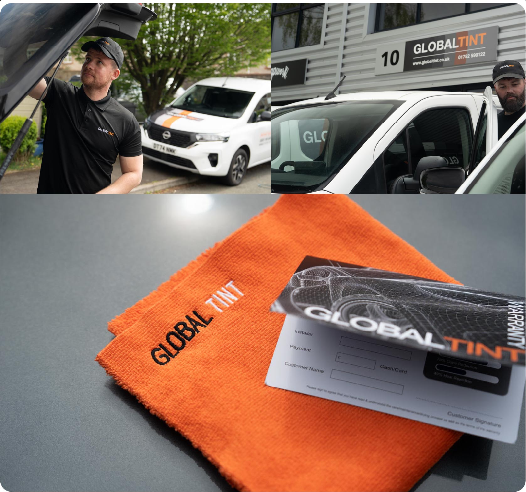 A Global Tint warranty card and cleaning cloth