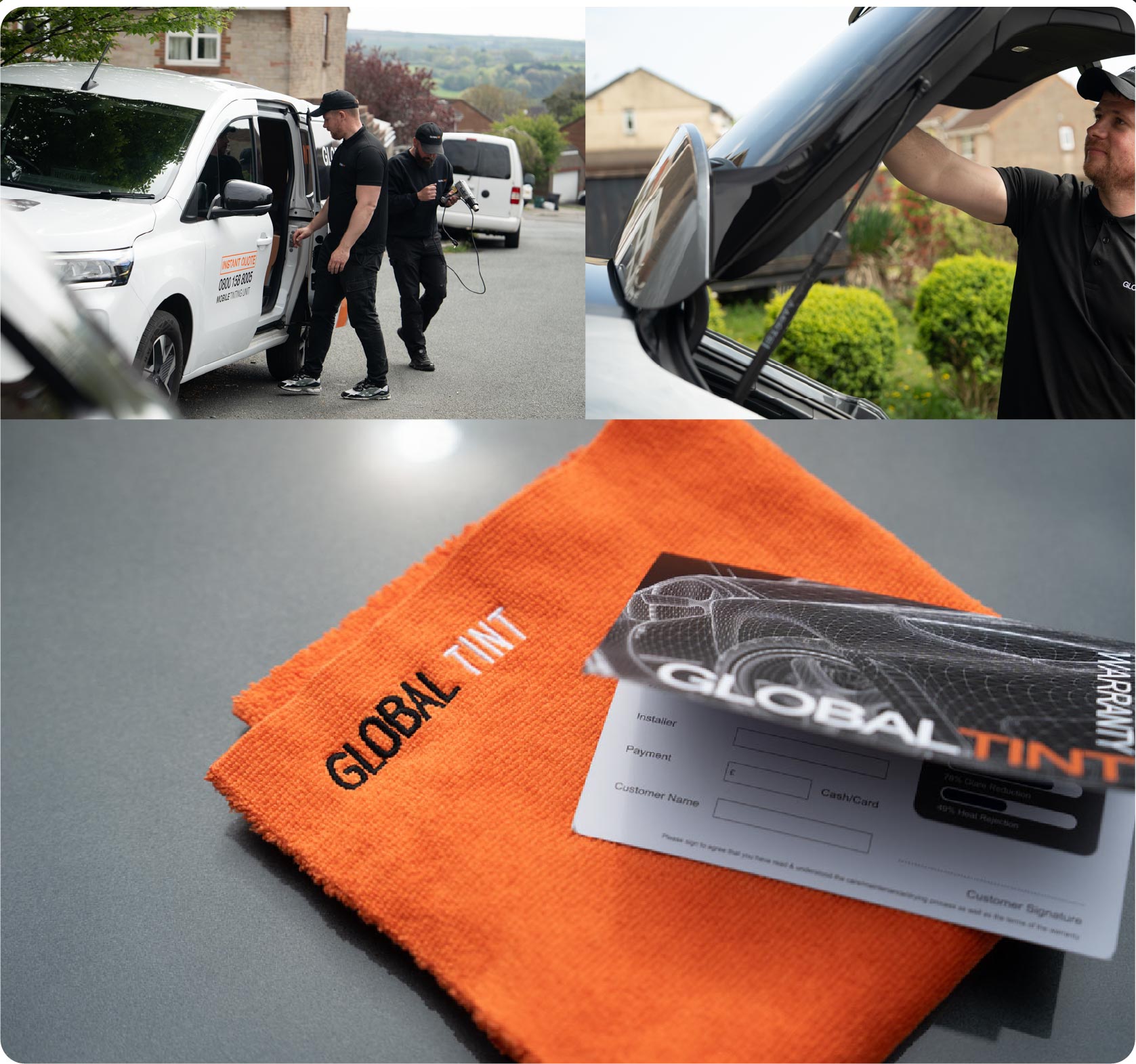 A Global Tint warranty card and cleaning cloth