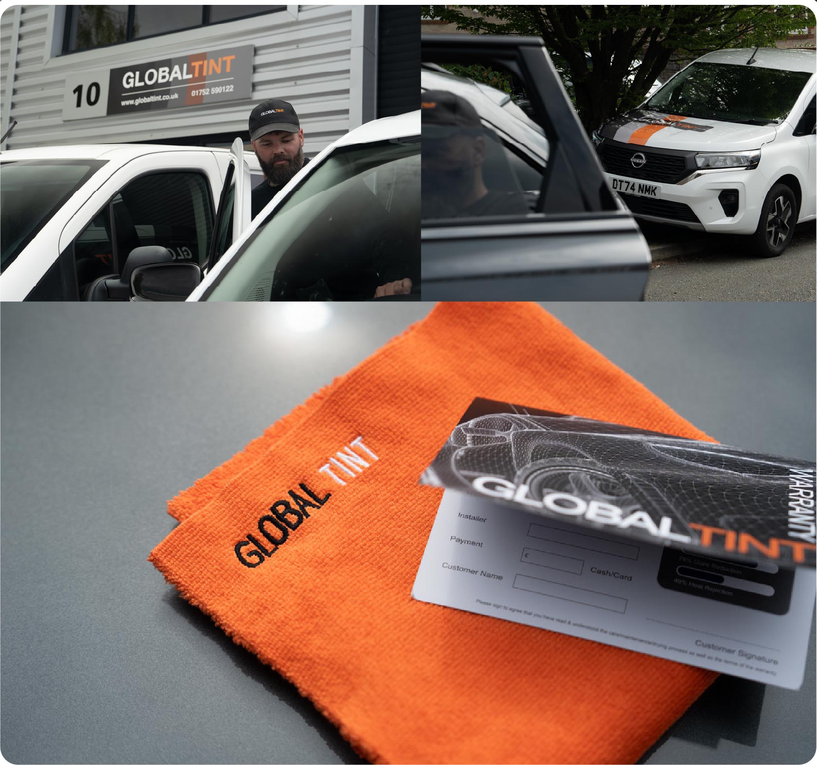 A Global Tint warranty card and cleaning cloth