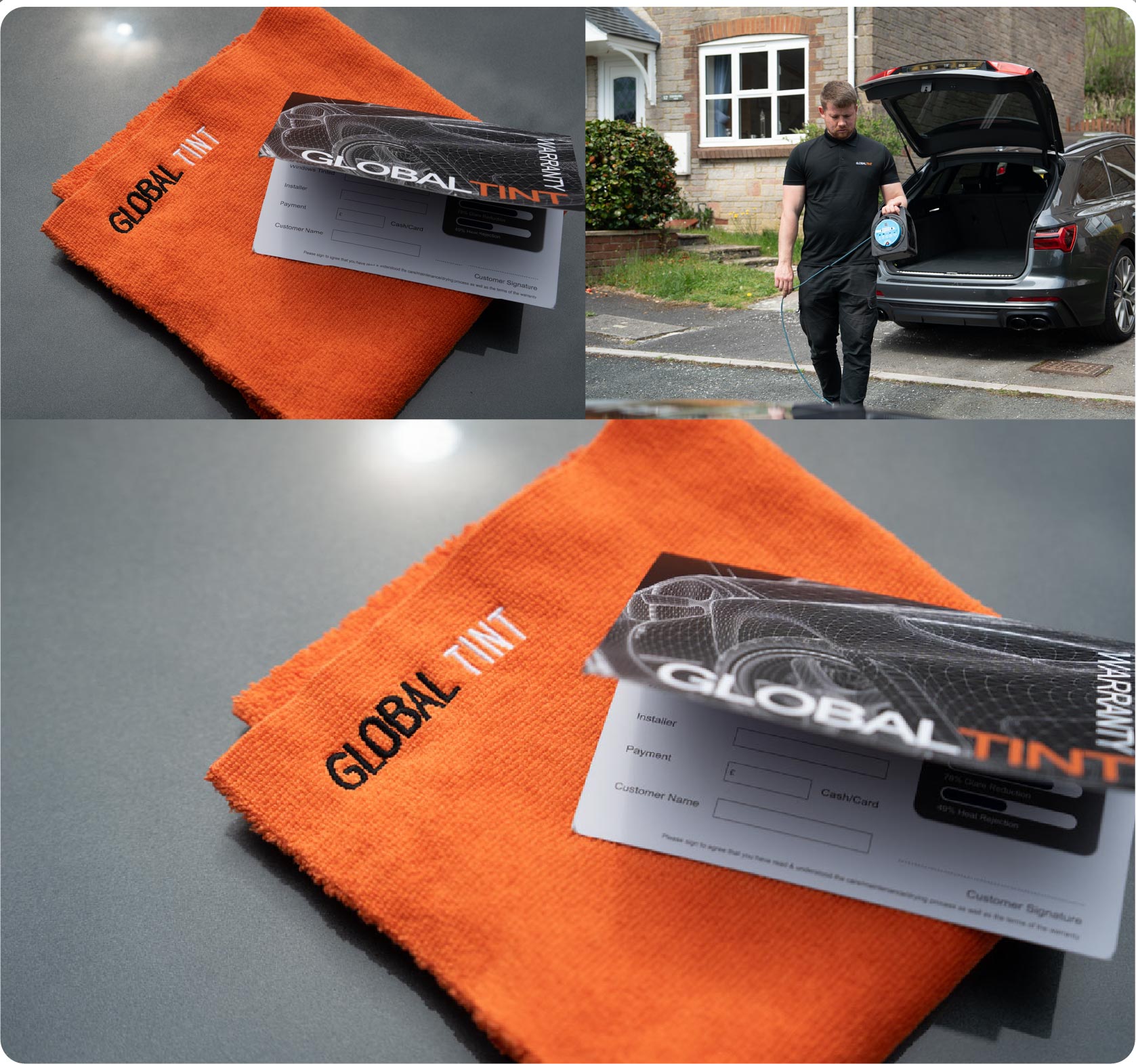 A Global Tint warranty card and cleaning cloth