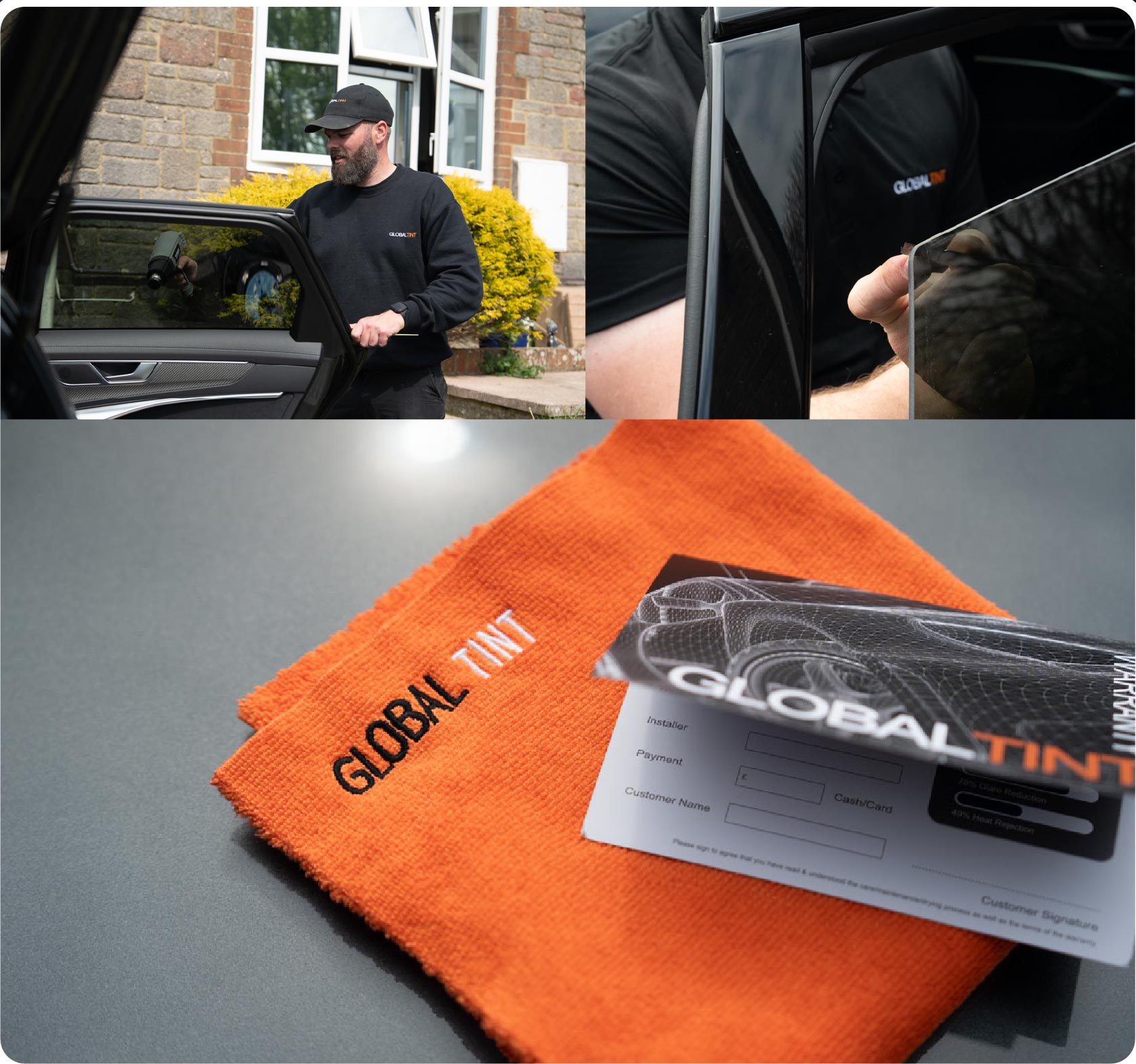A Global Tint warranty card and cleaning cloth