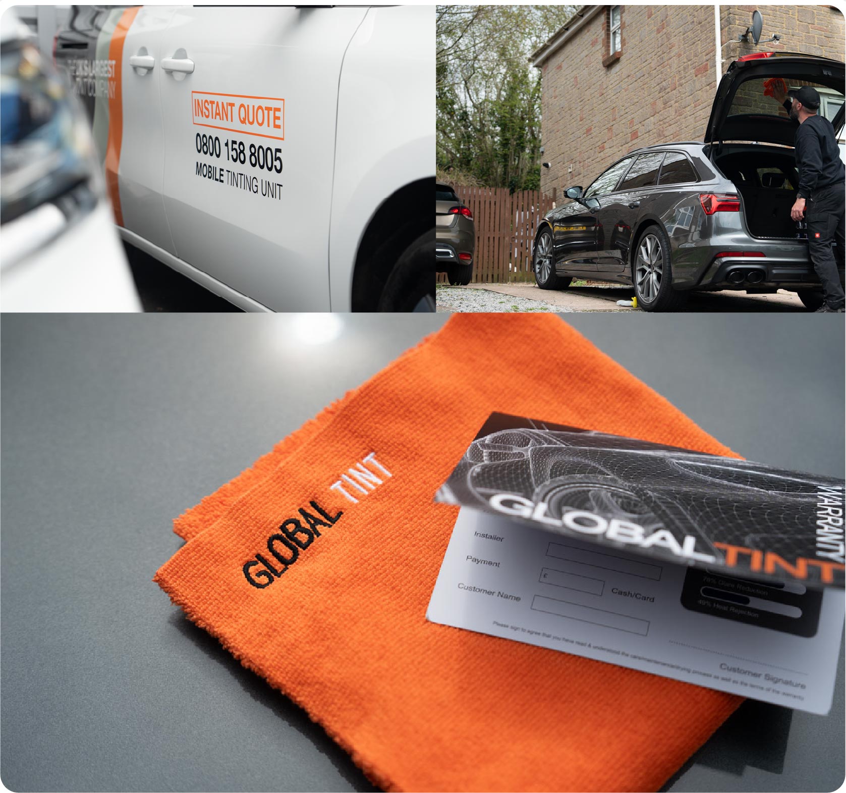 A Global Tint warranty card and cleaning cloth