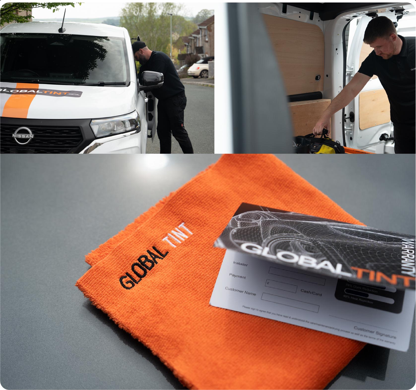 A Global Tint warranty card and cleaning cloth