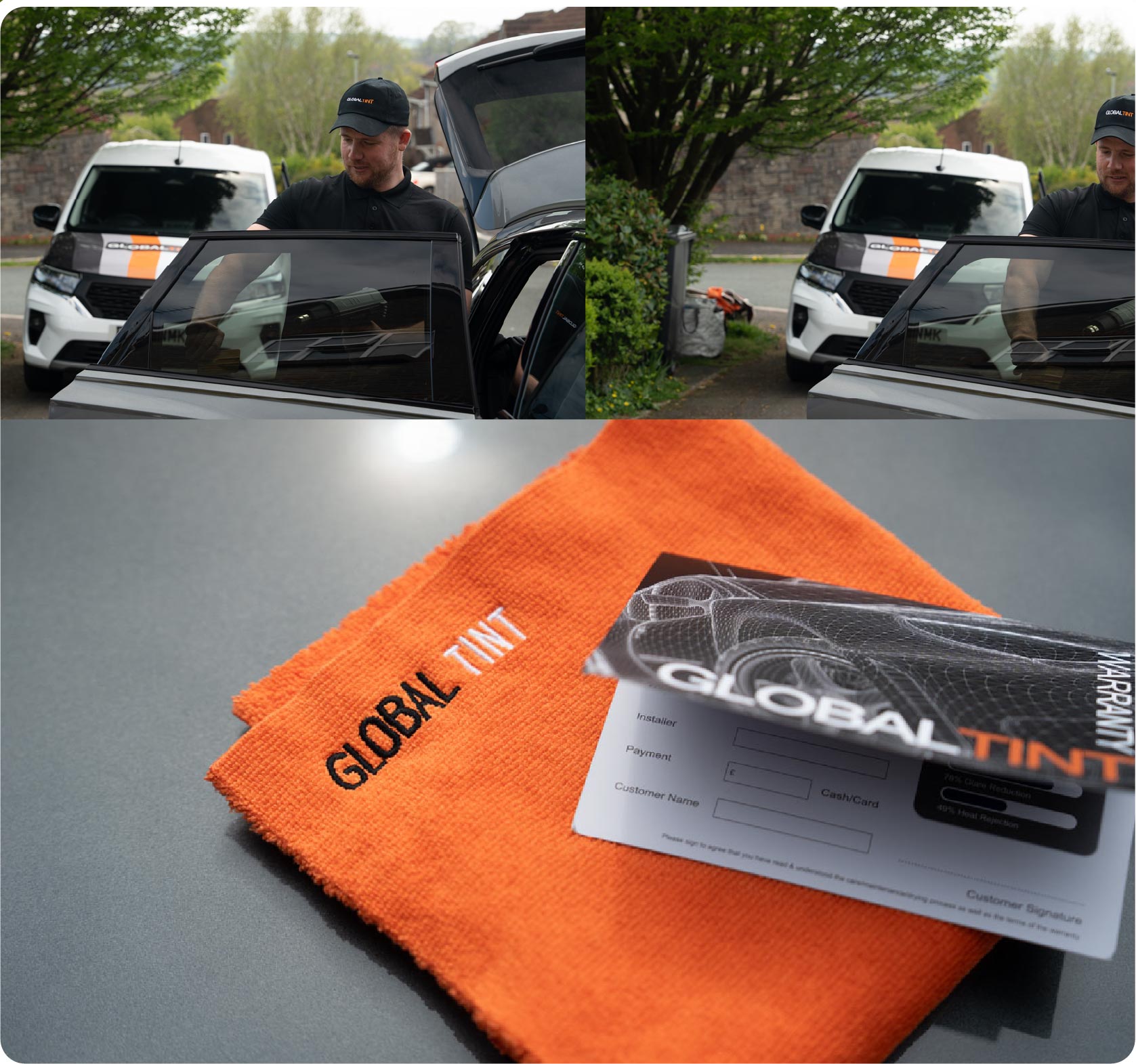 A Global Tint warranty card and cleaning cloth