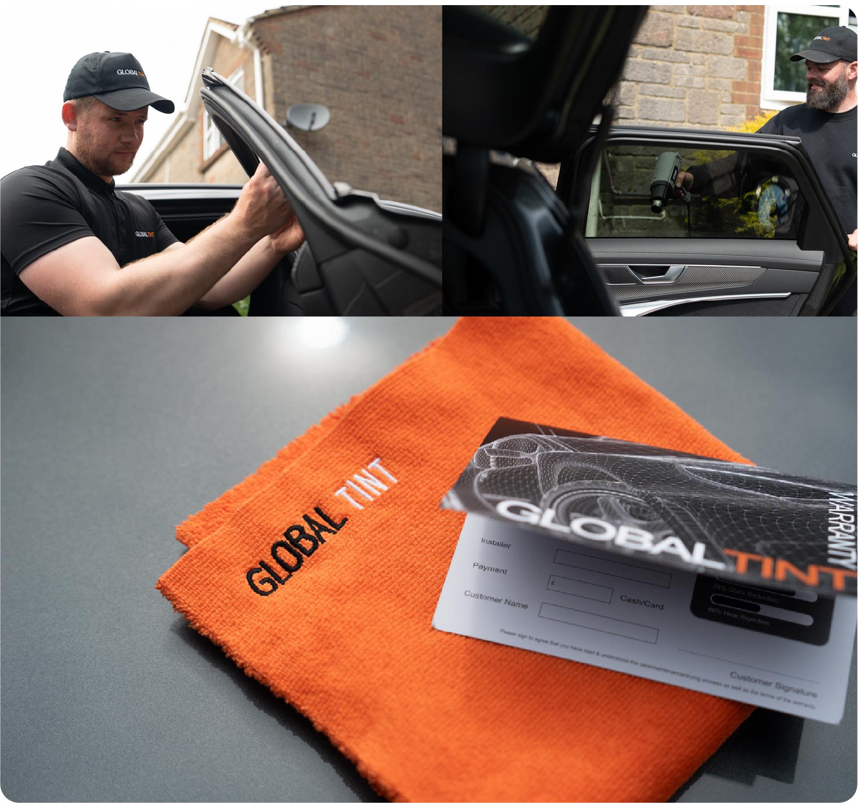 A Global Tint warranty card and cleaning cloth