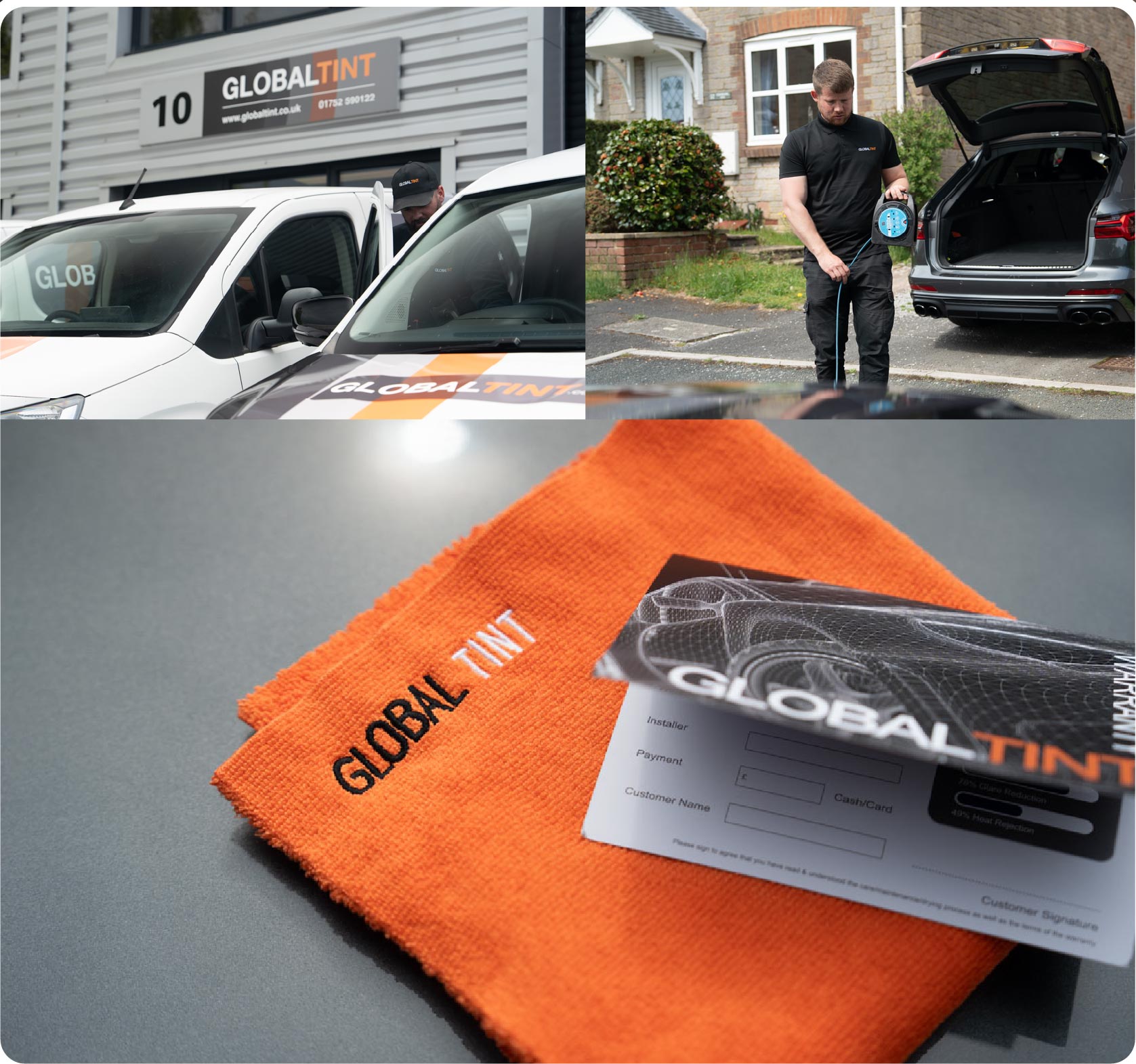 A Global Tint warranty card and cleaning cloth