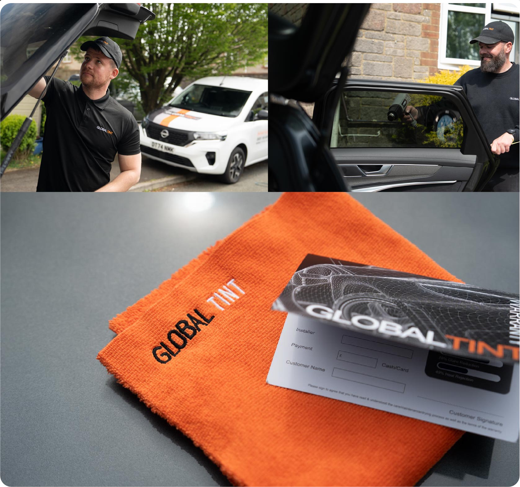 A Global Tint warranty card and cleaning cloth