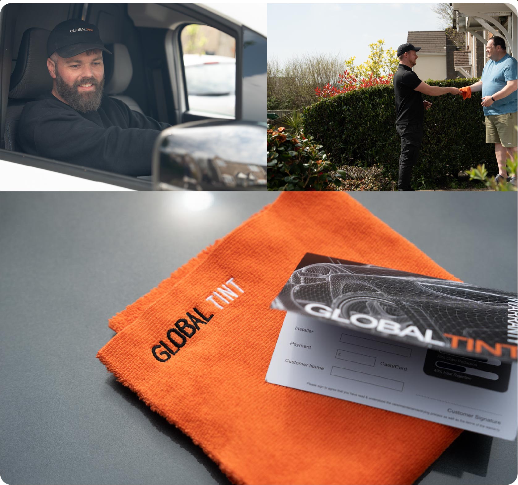 A Global Tint warranty card and cleaning cloth