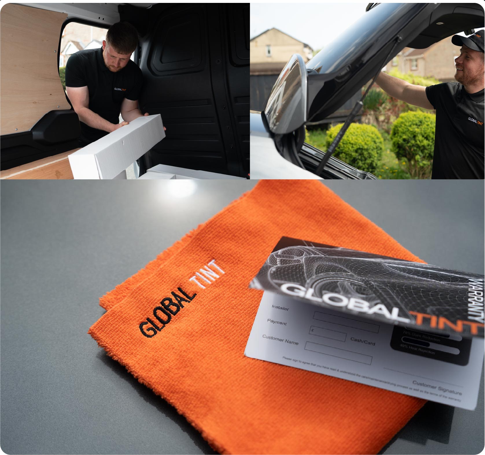 A Global Tint warranty card and cleaning cloth