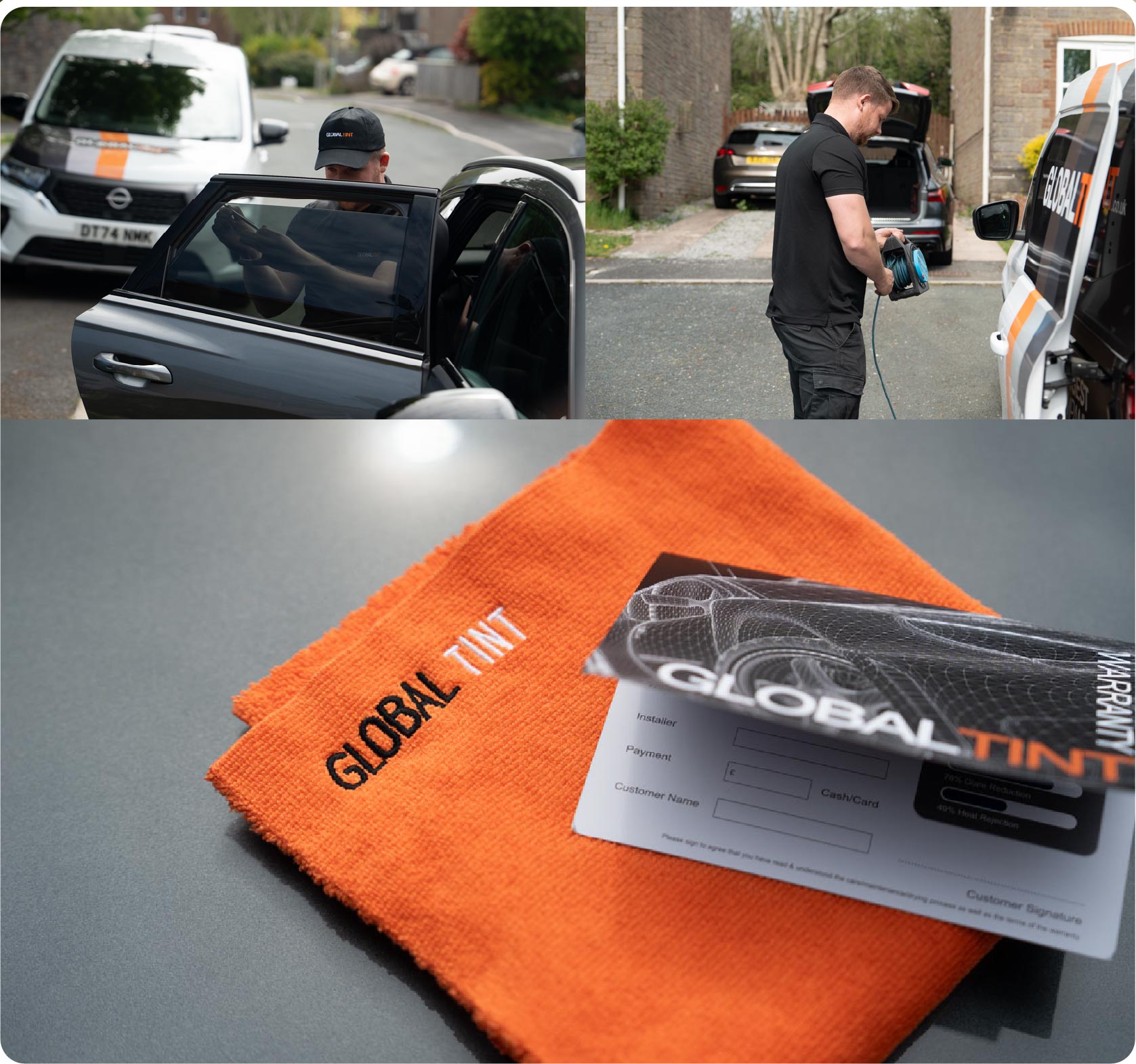 A Global Tint warranty card and cleaning cloth