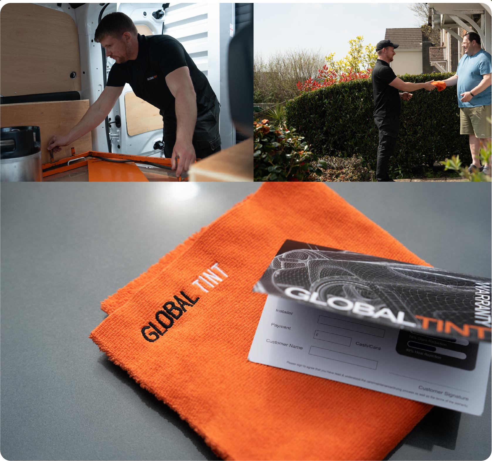 A Global Tint warranty card and cleaning cloth
