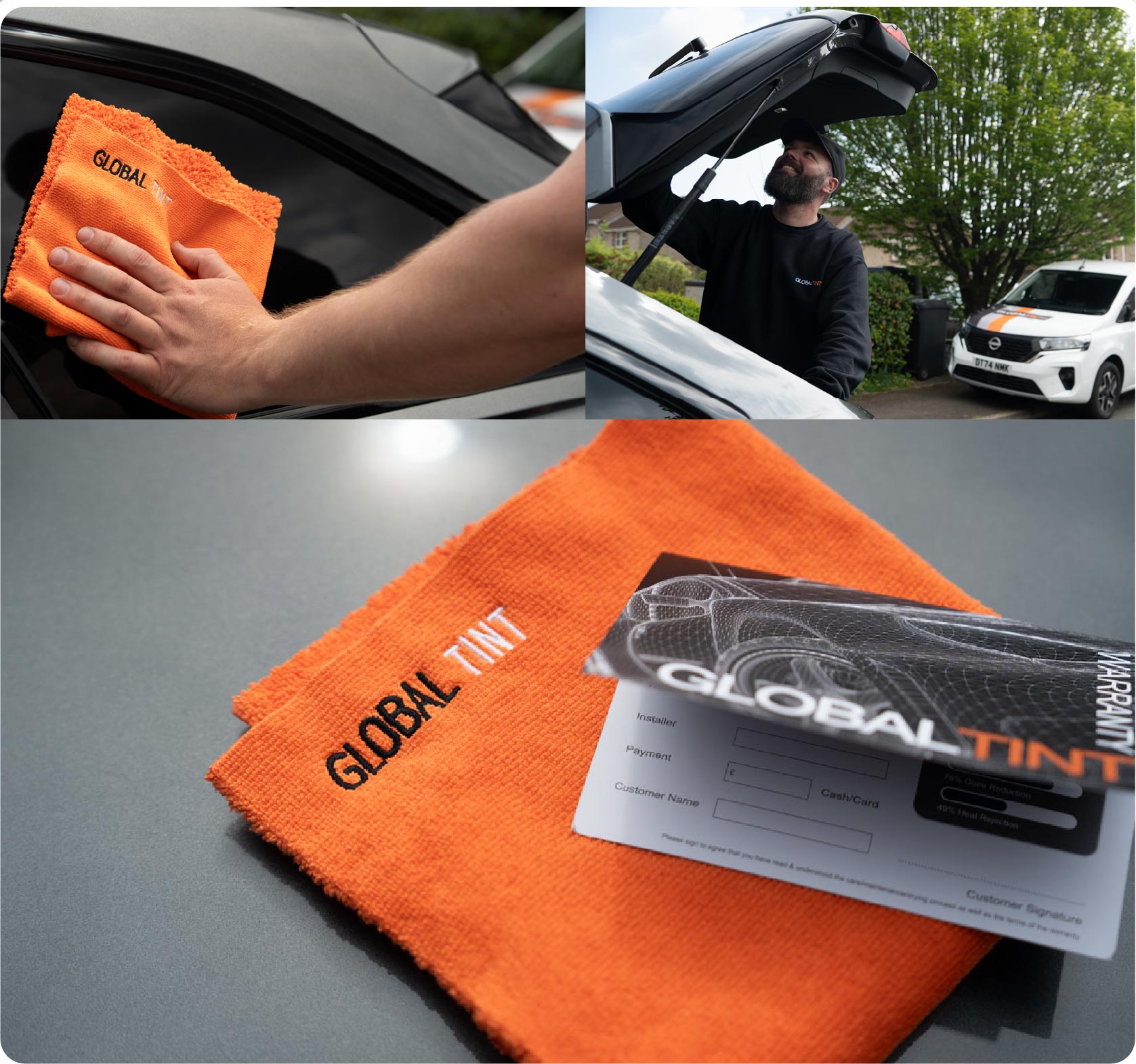 A Global Tint warranty card and cleaning cloth