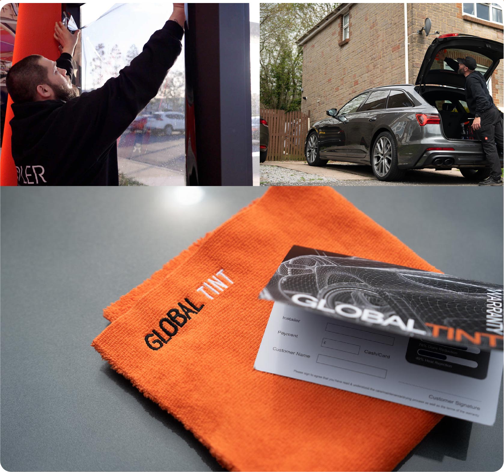 A Global Tint warranty card and cleaning cloth