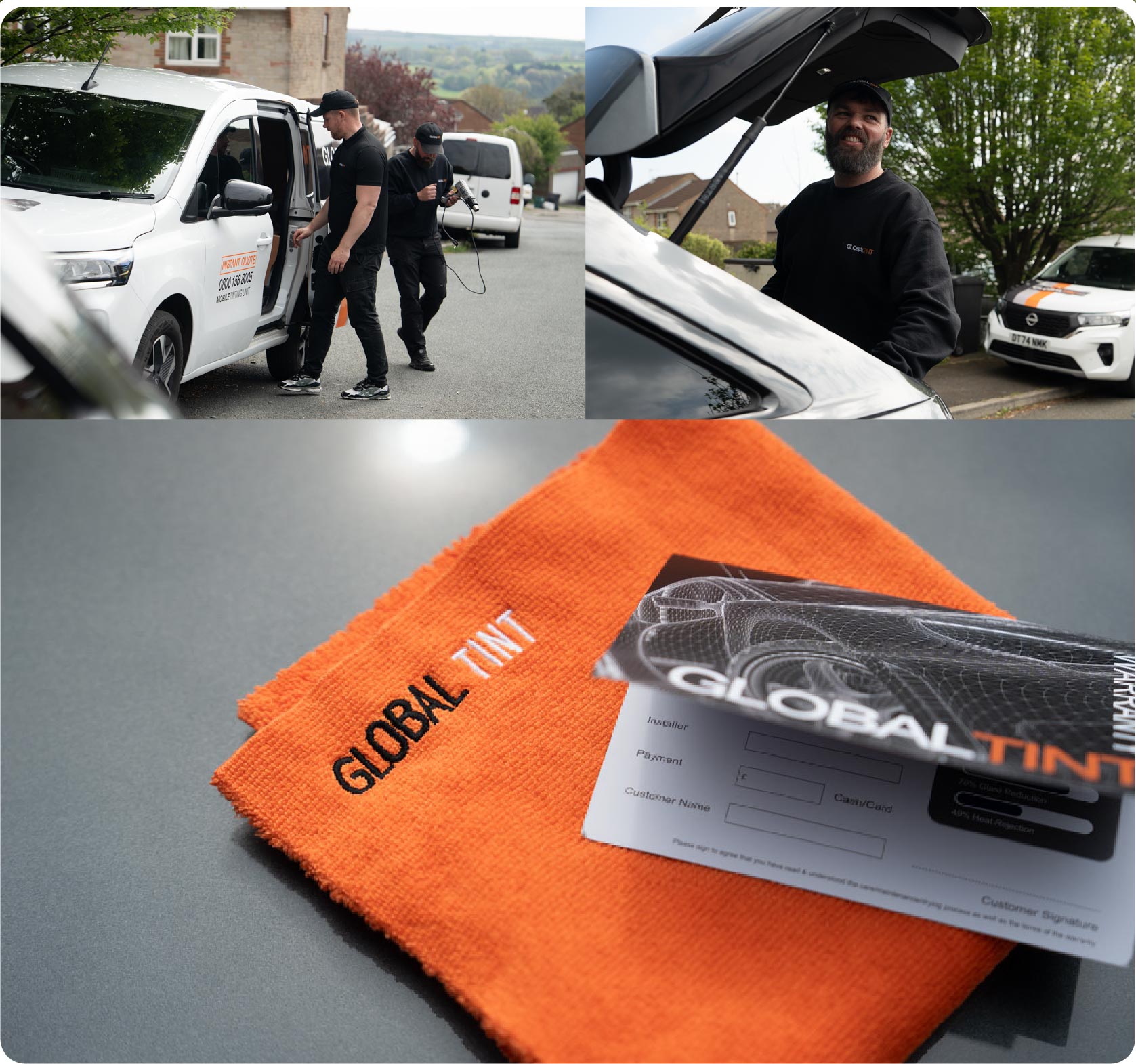 A Global Tint warranty card and cleaning cloth