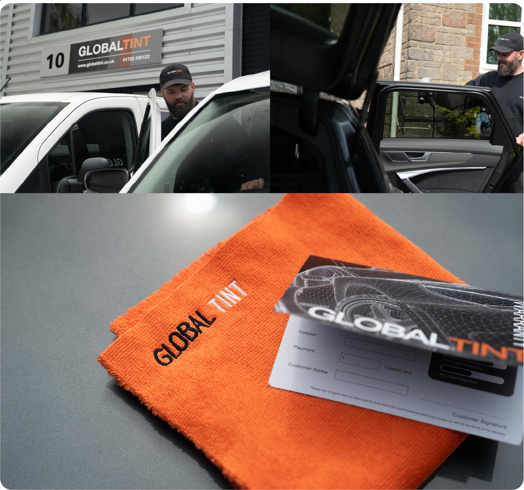 A Global Tint warranty card and cleaning cloth