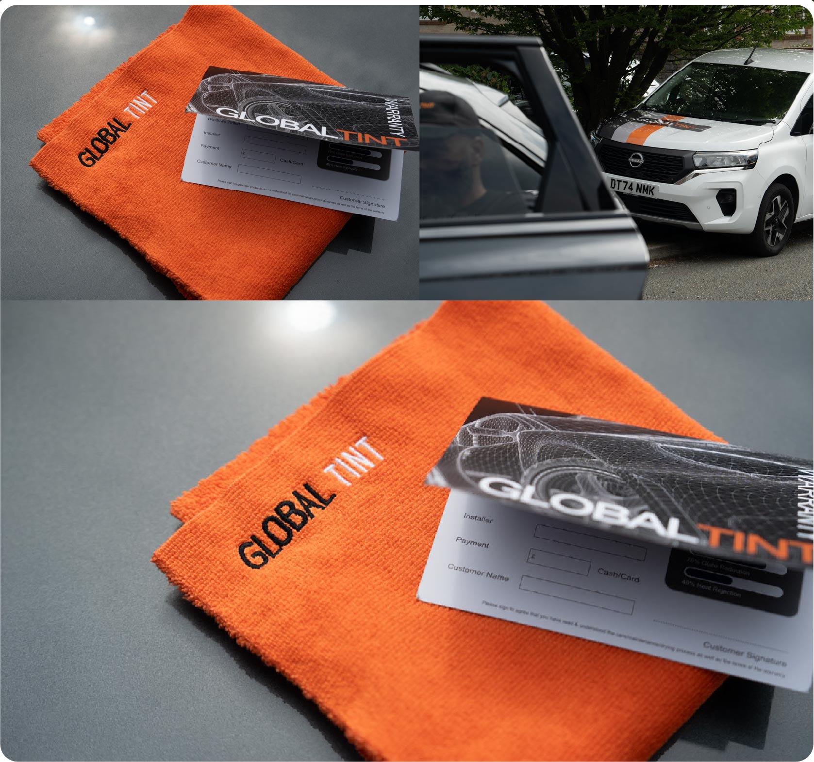 A Global Tint warranty card and cleaning cloth