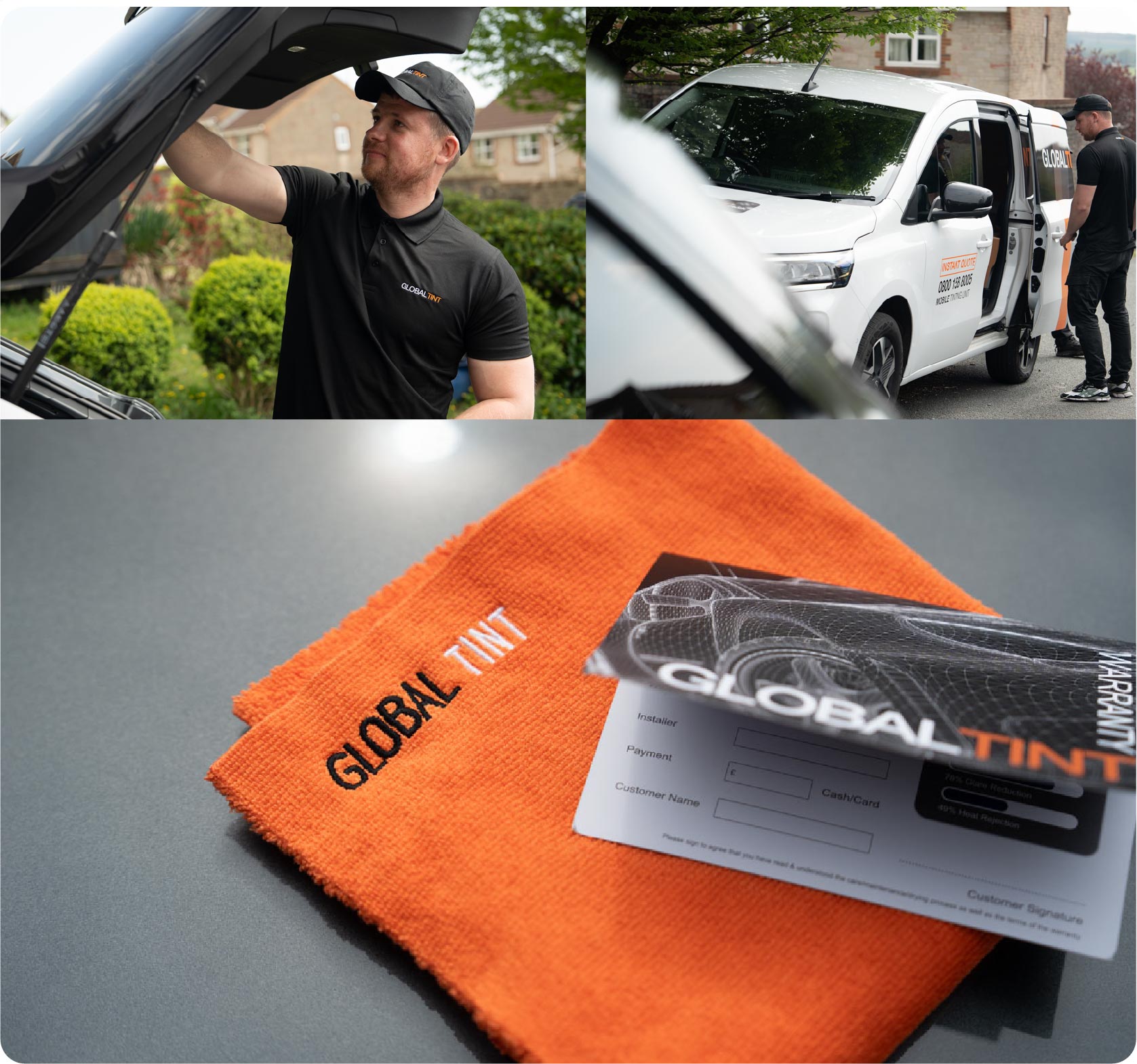 A Global Tint warranty card and cleaning cloth