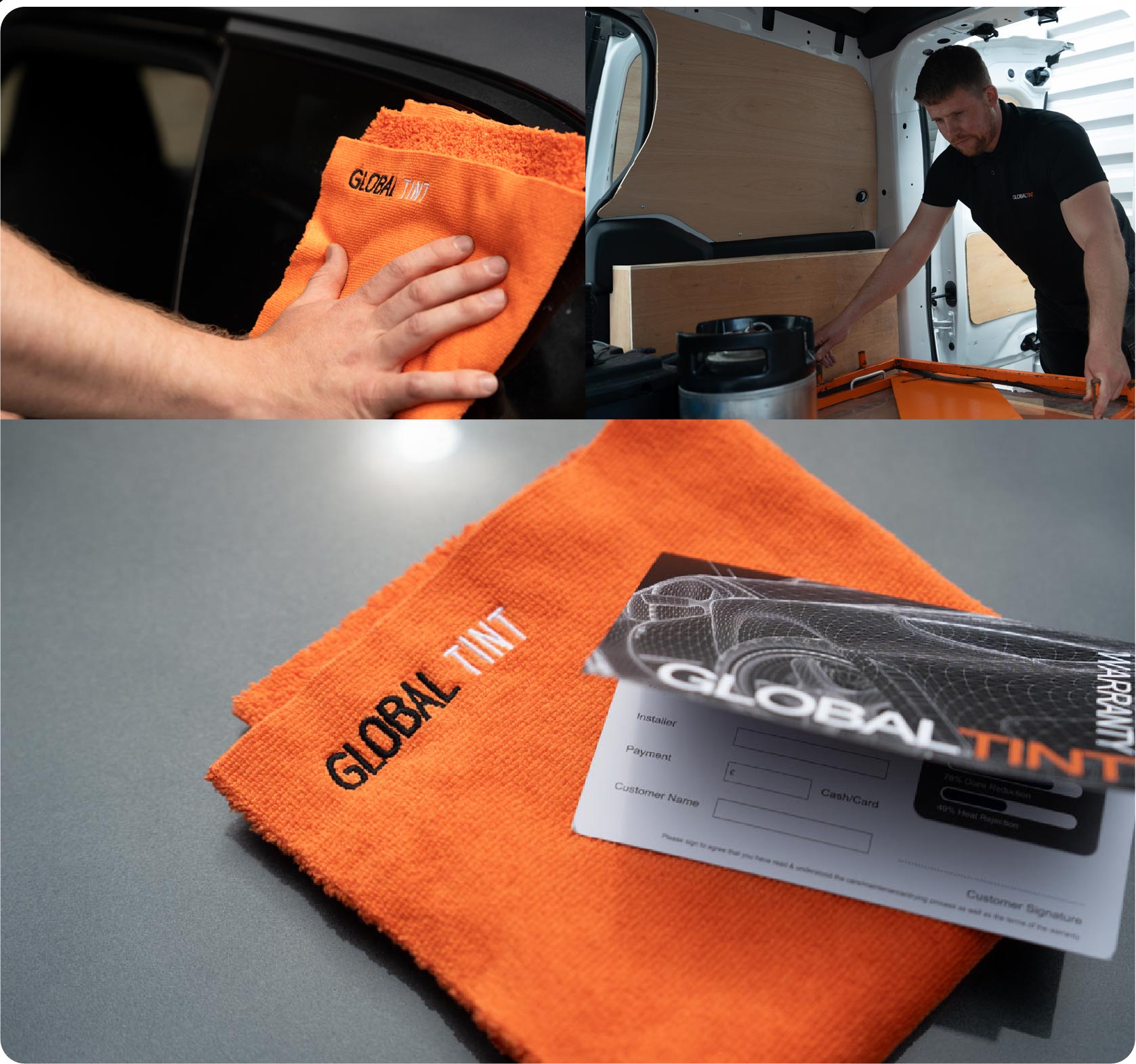 A Global Tint warranty card and cleaning cloth