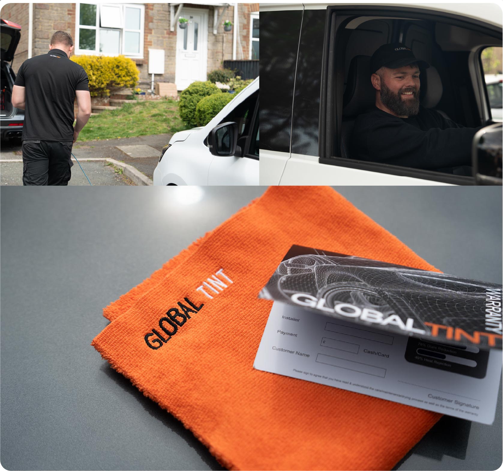 A Global Tint warranty card and cleaning cloth