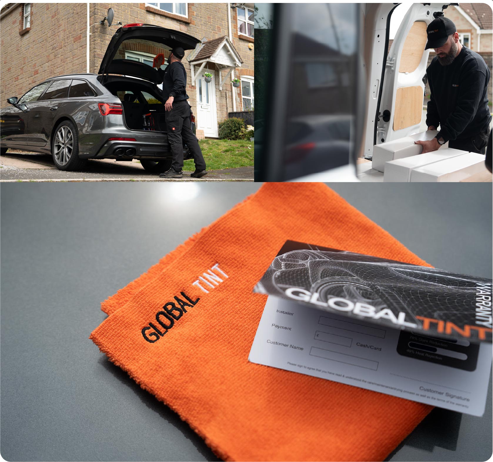 A Global Tint warranty card and cleaning cloth