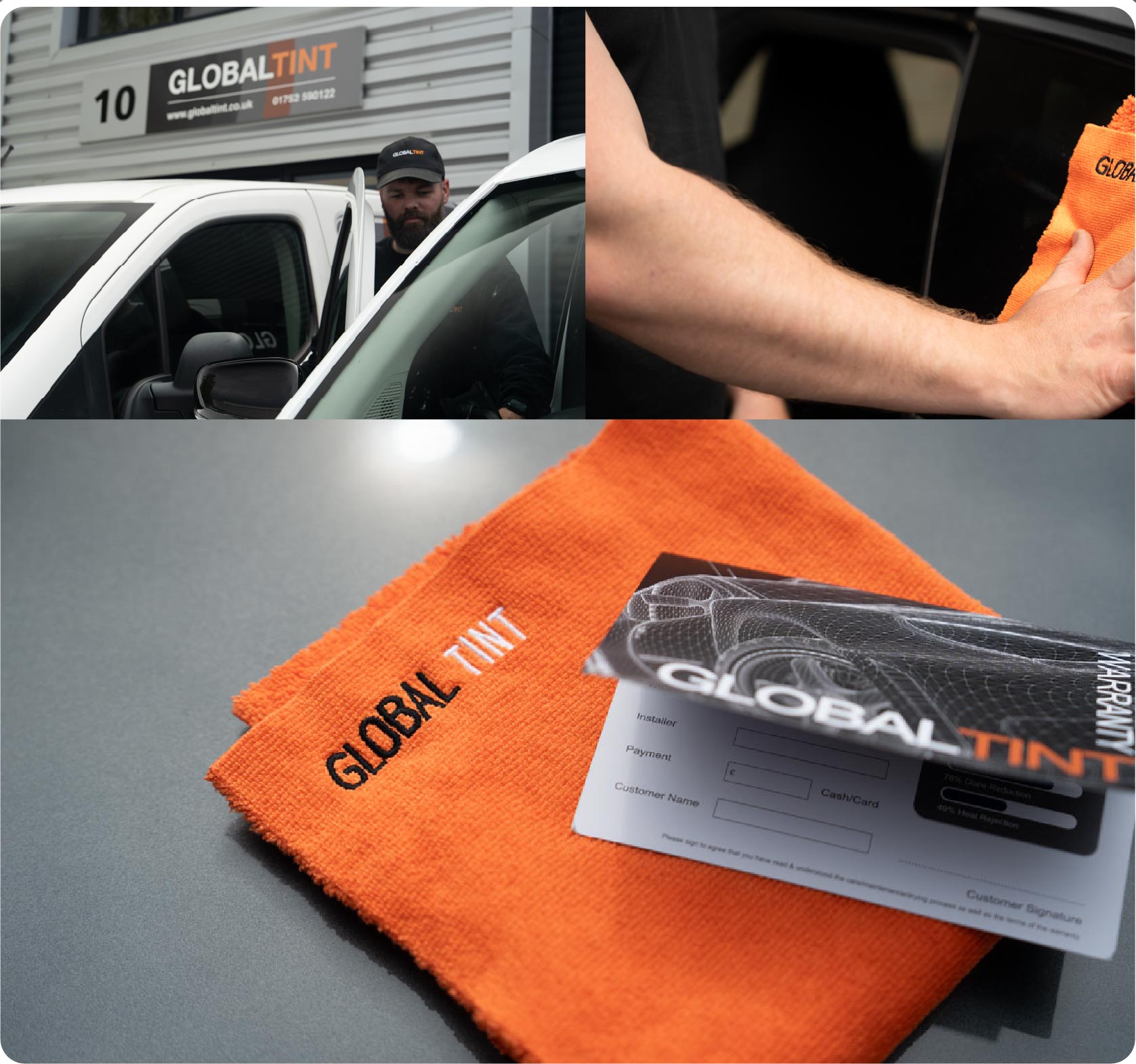 A Global Tint warranty card and cleaning cloth