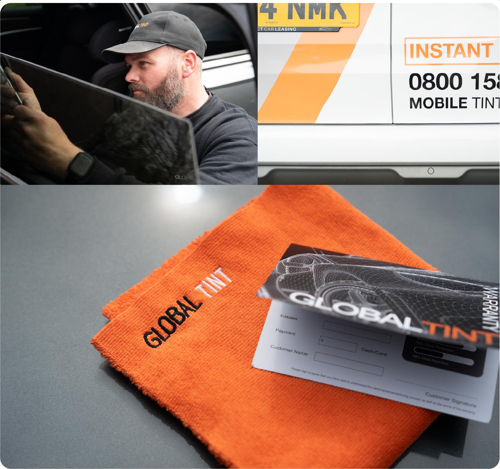 A Global Tint warranty card and cleaning cloth